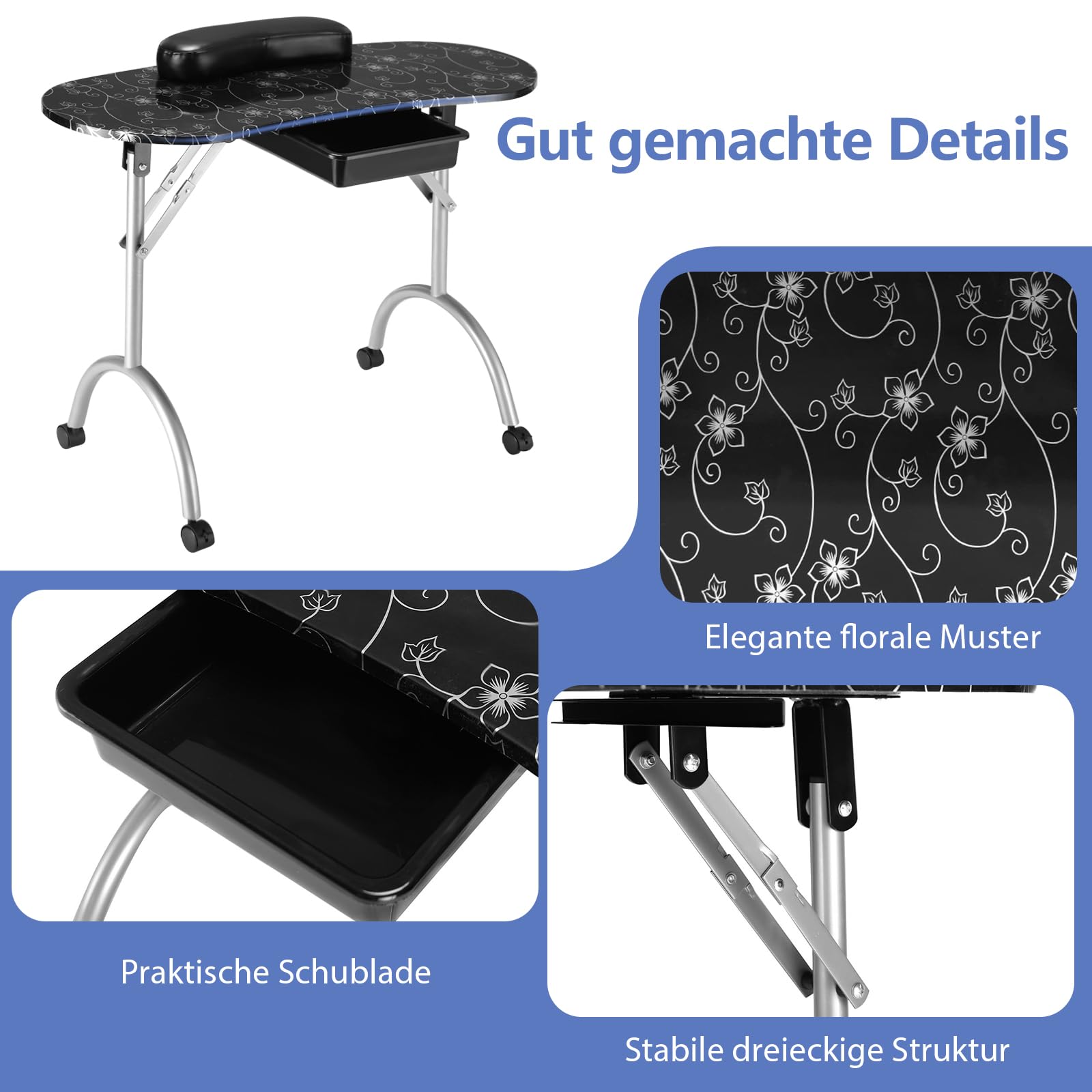 COSTWAY Maniküretisch inkl. Handgelenkauflage, tragbare Nageltisch Kosmetiktisch, Mobilesmanikürtisch Workstation mit Tasche 90 x 37 x 69cm