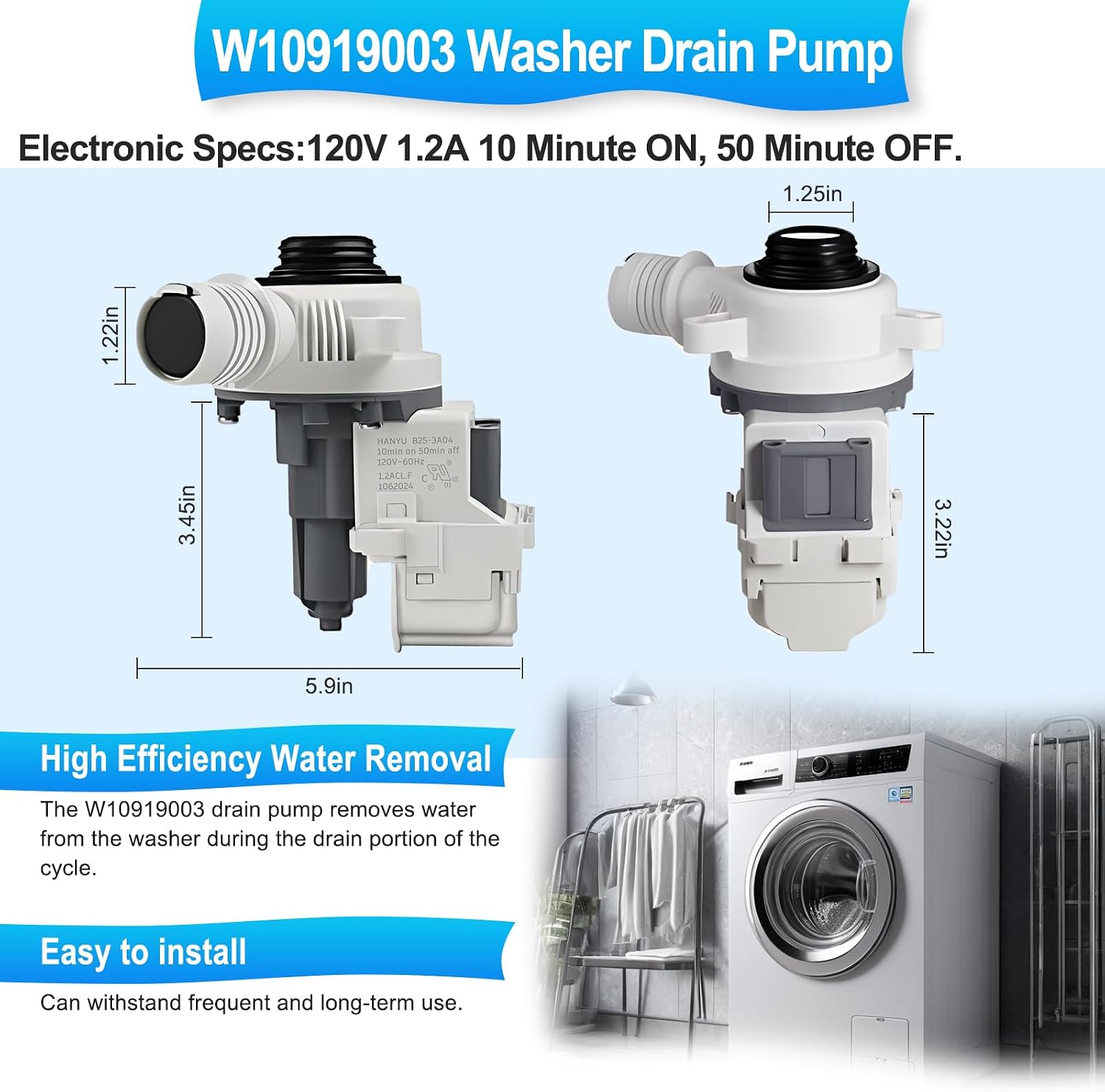 2024 Upgraded W10919003 W10775446 Washer Drain Pump for Whirlpool Kenmore Maytag Washer Drain Pump Replacement Parts AP6038235 4461359 PS11770076 for Whirlpool Washing Machine Water Drain Pump