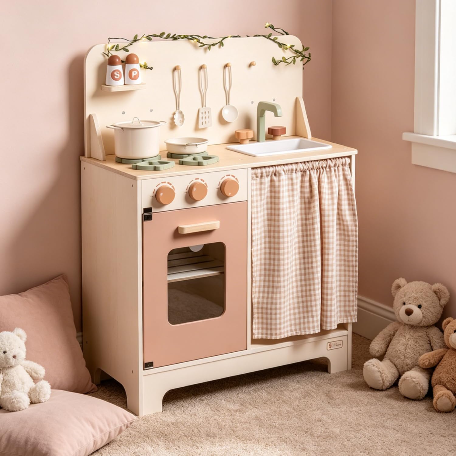 ROBUD Spielküche Holz, Kinder Küche mit Backofen, Schürze, Handschuhe, Kinderküche Zubehör, Geschenke Spielzeug für Mädchen ab 3 Jahren, Beige