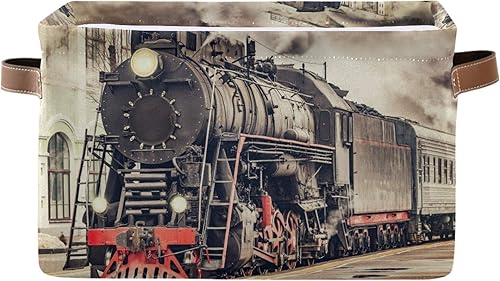 AUUXVA Cesta de almacenamiento vintage Express Steam Train Cube Box Durable Canvas plegable Toy Basket Organizador con asas para estantería,