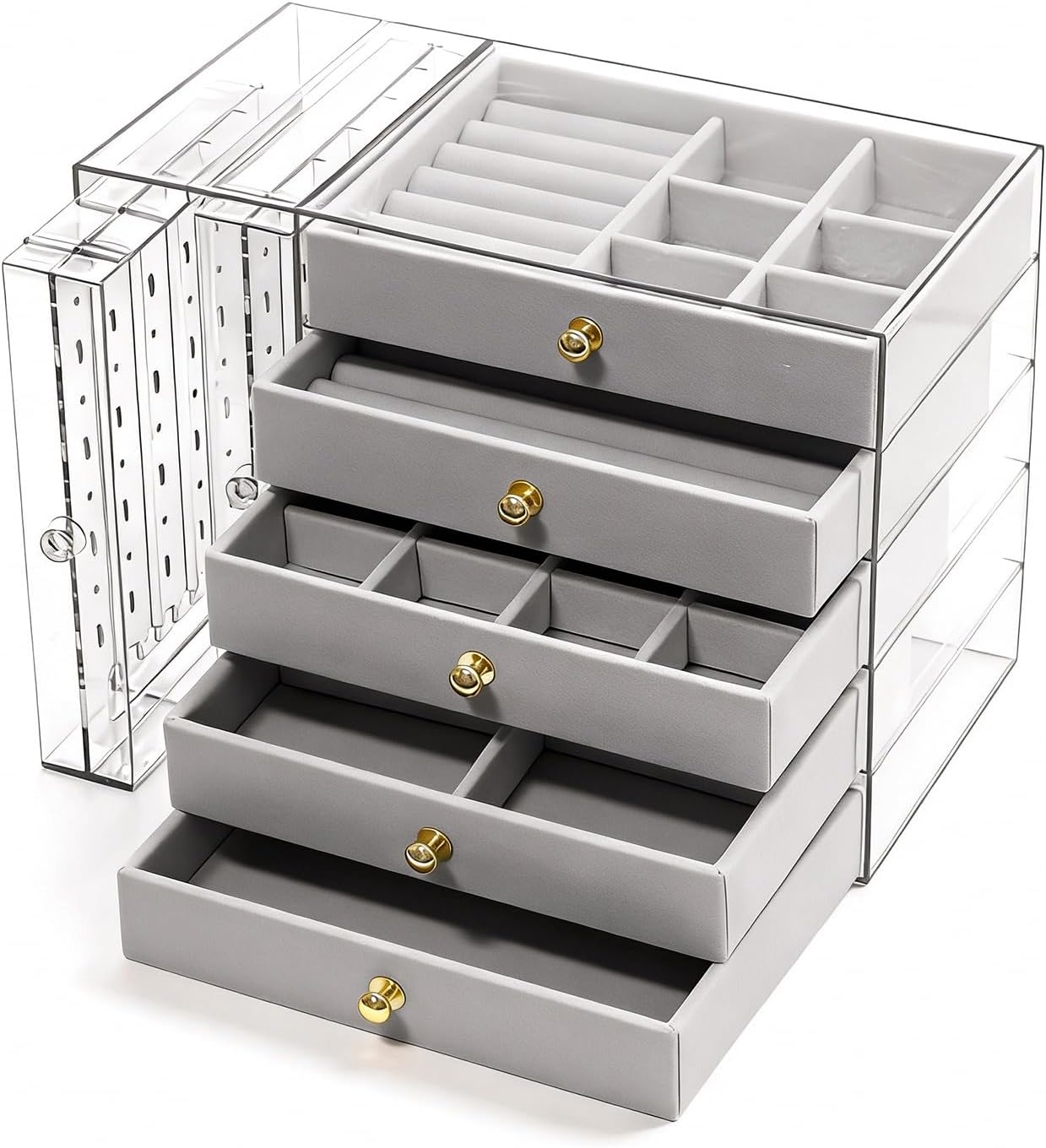 grey Jewelry Box Organizer, Transparent Acrylic Case with Velvet-Lined 5 drawers and 2 side drawers, Versatile Compartments for Earrings, Rings, Necklaces, Bracelets