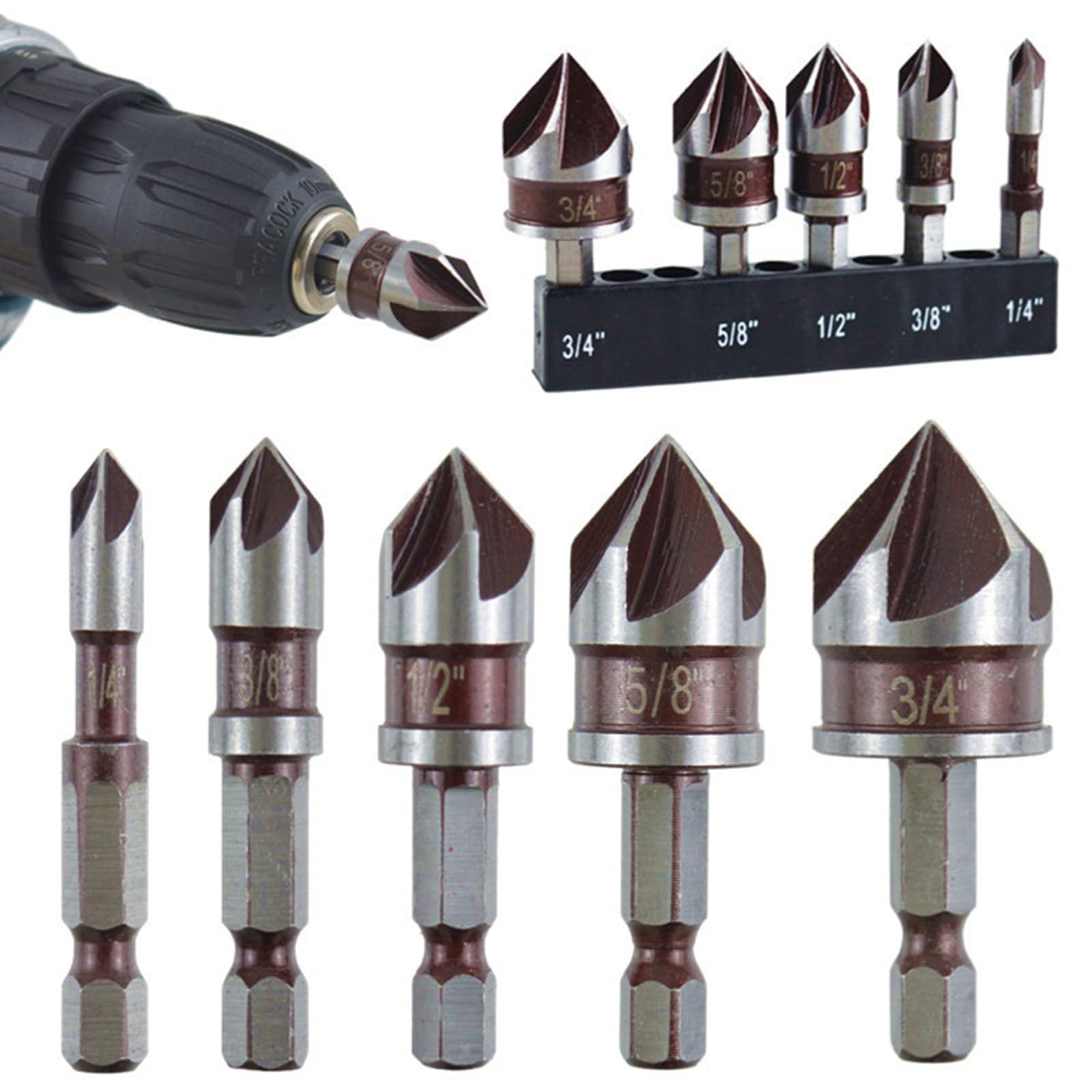 5PCS Steel Cobalt M35 Chamfer Countersink Drill Bits 82° Tip Angle Quick-Change 1/4