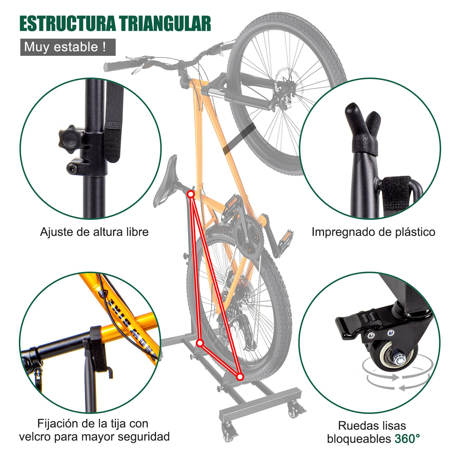 Mimoke Soporte vertical para bicicleta – Soporte de suelo para bicicleta con ruedas bloqueables, altura regulable, para todos los tipos de bicicletas de hasta 4 pulgadas de ancho de neumático
