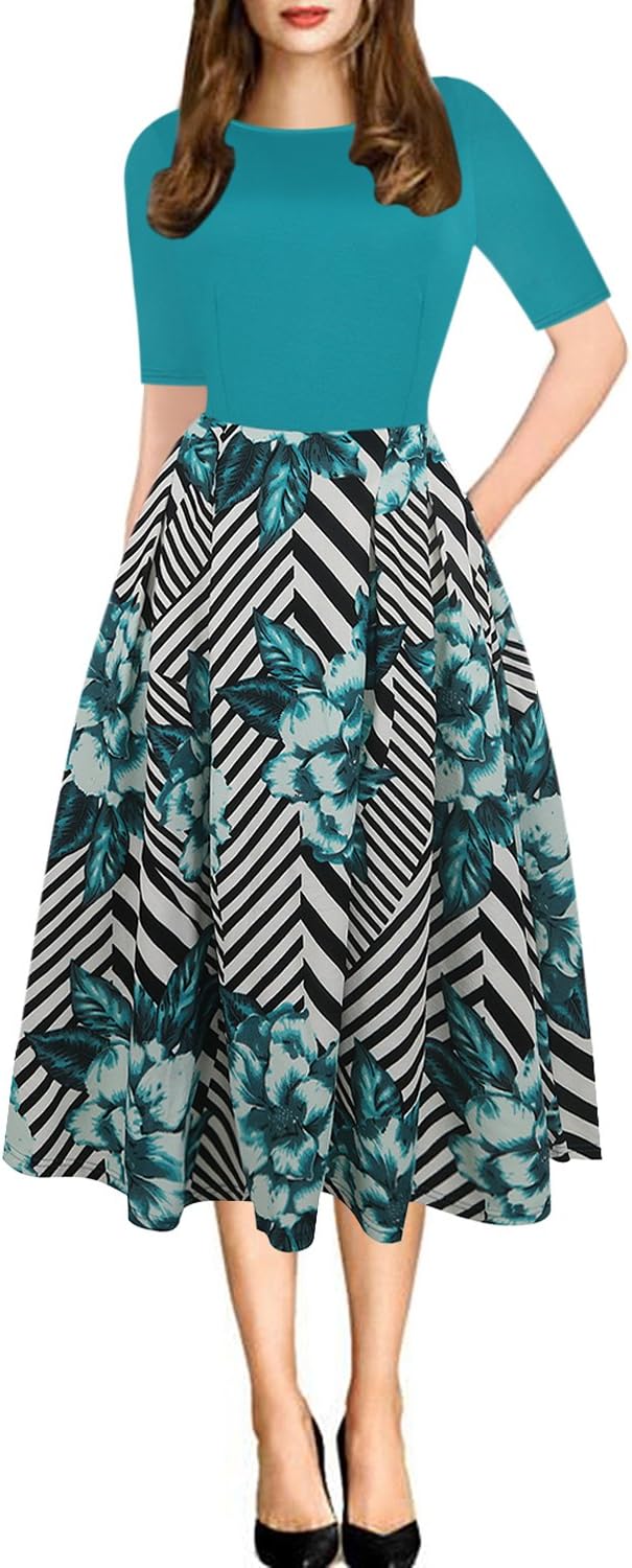 oxiuly Women's Vintage Patchwork Pockets Puffy Swing Casual Party Dress OX165 (Green, xx_l)