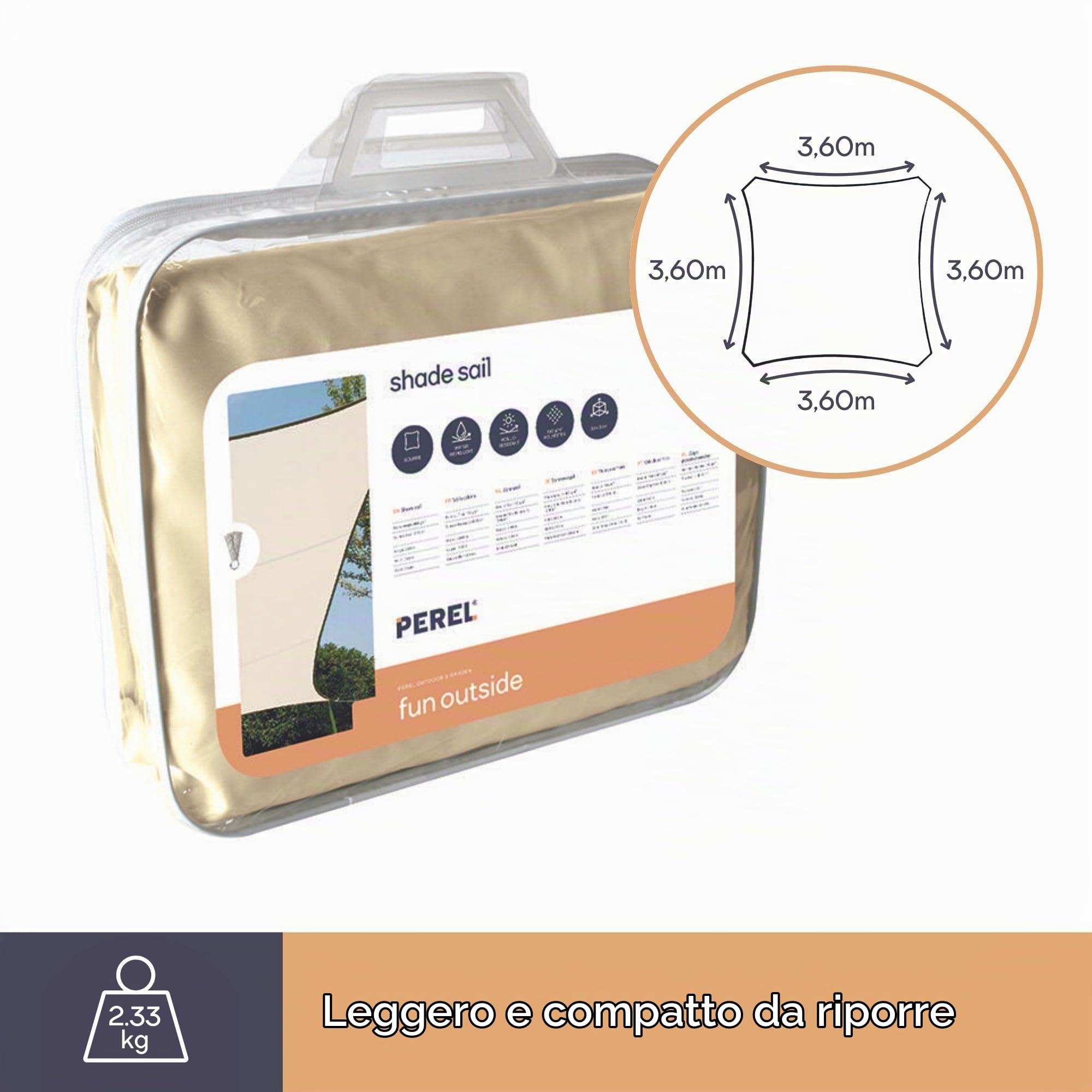 Perel Vela ombreggiante 3.6 x 3.6 m, quadrata per giardino e terrazza, poliestere idrorepellente 160 g/m2, protezione UV 90%, traspirante, crema