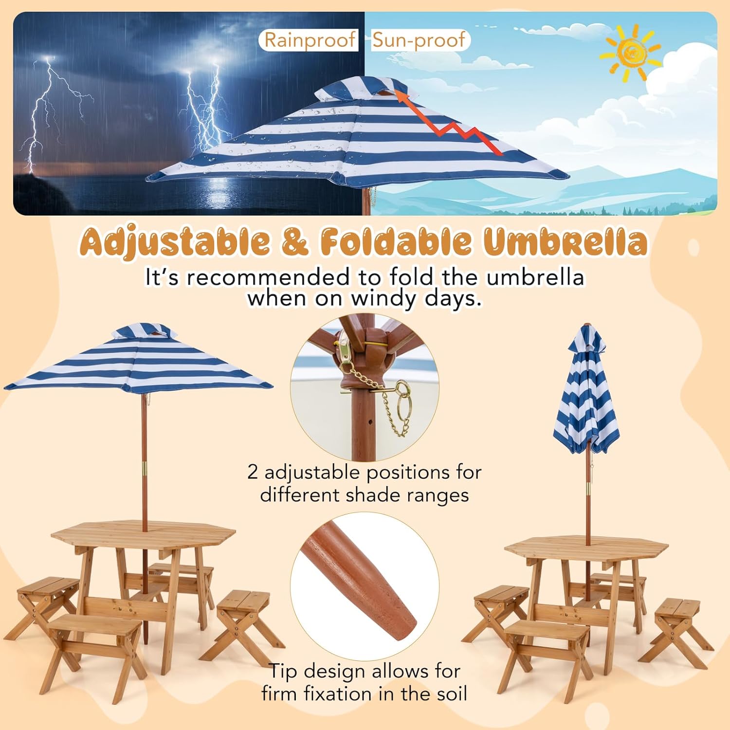 HONEY JOY Kids Picnic Table, Fir Wood Octagon Table & 4 Stool Set, Stripe Fabric Umbrella, Toddler Picnic Table for Outdoors, Children Backyard Furniture for Patio Garden (Natural)