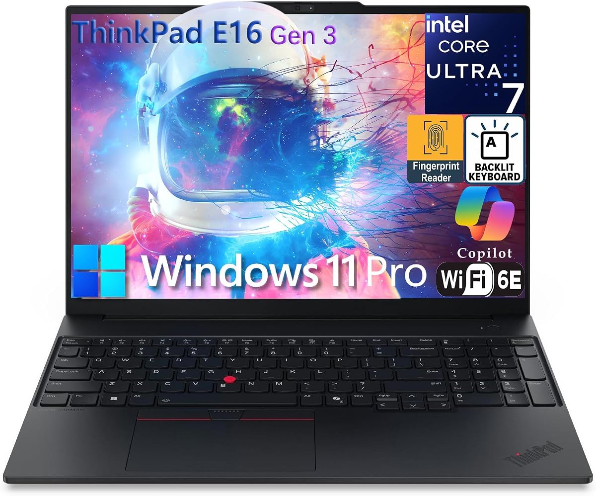 Lenovo ThinkPad E16 Gen 3, Ultra 7 255H, 16GB DDR5, 512GB SSD, Win 11 Pro | Business Laptop Computer (2026 Edition), Long Battery Life & Fast Charging, Fingerprint Reader & Backlit Keyboard, Jet Black