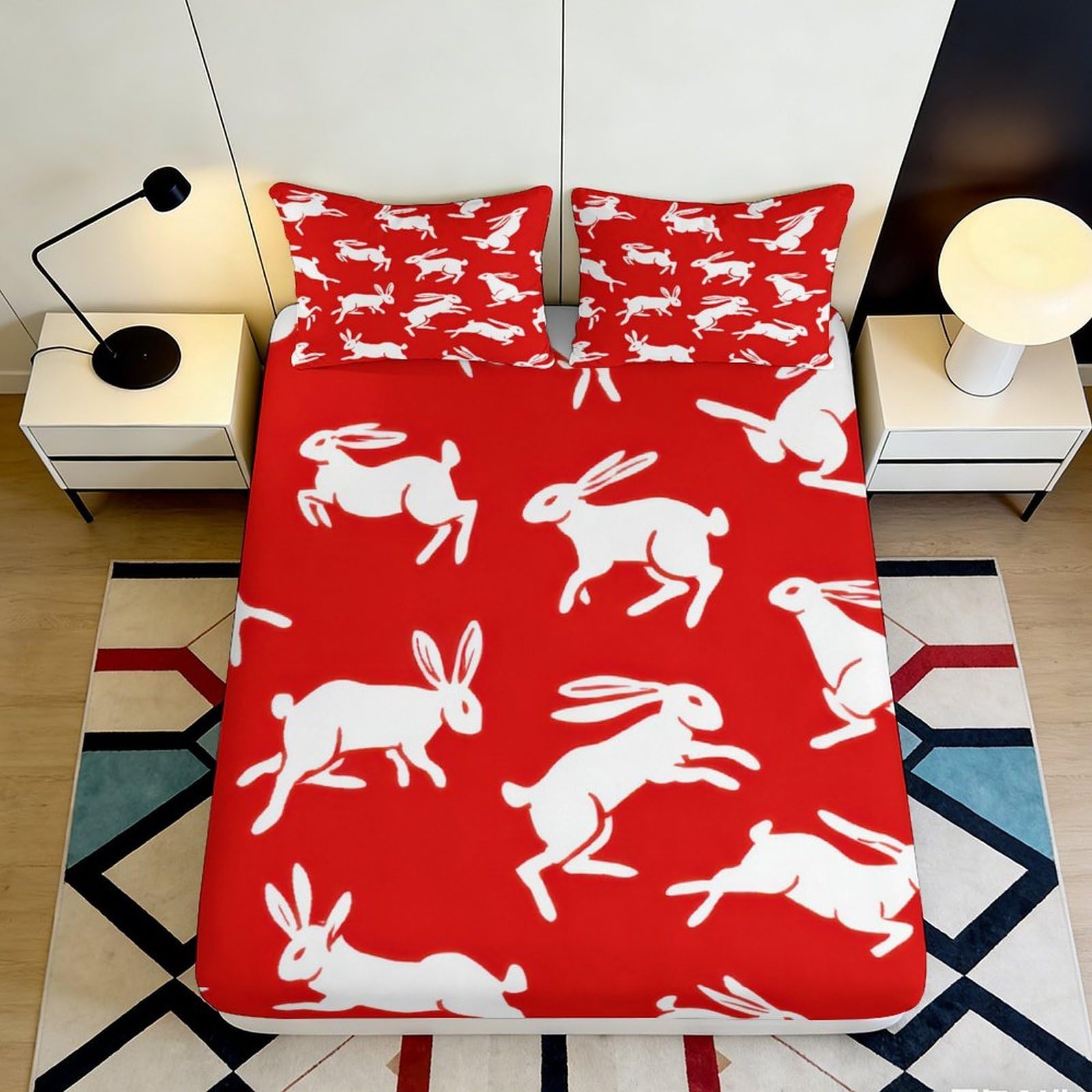 3D Printed red rabbit Fitted Sheet, soft touch Microfiber, wrinkle resistant, easy to remove, apartment bedding, bedroom bed cover, home decor, 120x200cm 90x200x25cm
