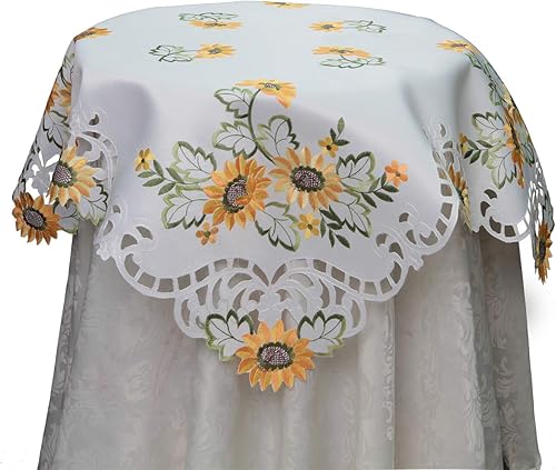 Creative Linens Mantel de girasol bordado de 33 x 33 pulgadas, decoración cuadrada, color blanco