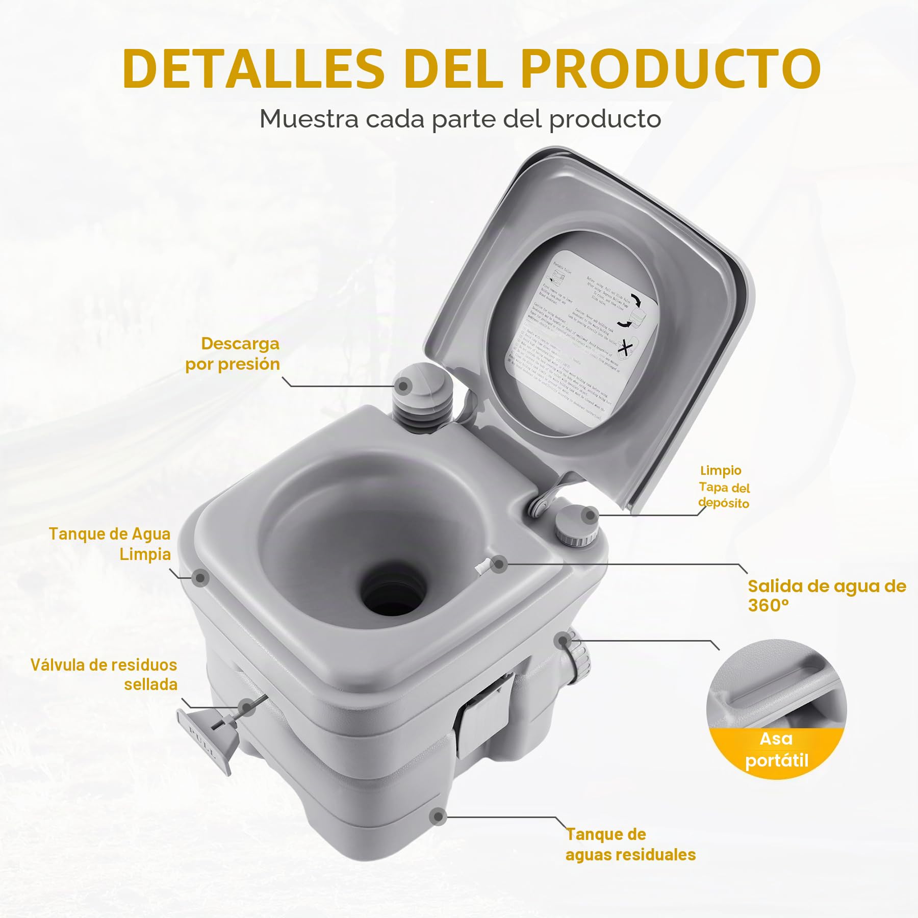 Samger 20L Inodoro Portatil, Químico Baño WC con Tapa de Inodoro, Desmontable Inodoro, Extraíble Químico Carga Máxima de 130kg para Autocaravana Camping RV