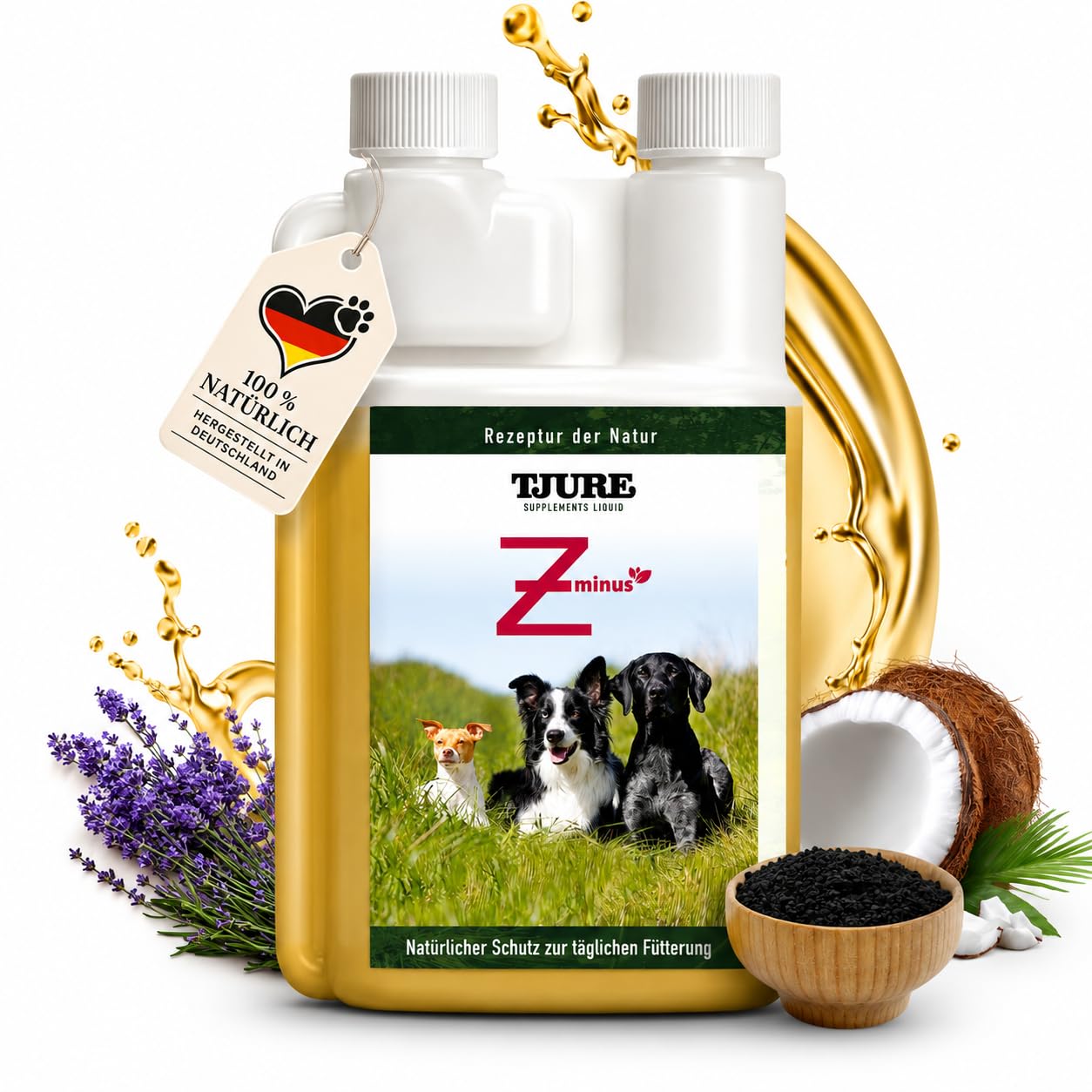 TJURE Z – 500 ml Liquid für Hunde | 100% Pflanzliche Rezeptur für aktive Hunde | Naturkraft gegen ungebetene Gäste | Mit Schwarzkümmel, Cistrose & Lavendel | Made in Germany