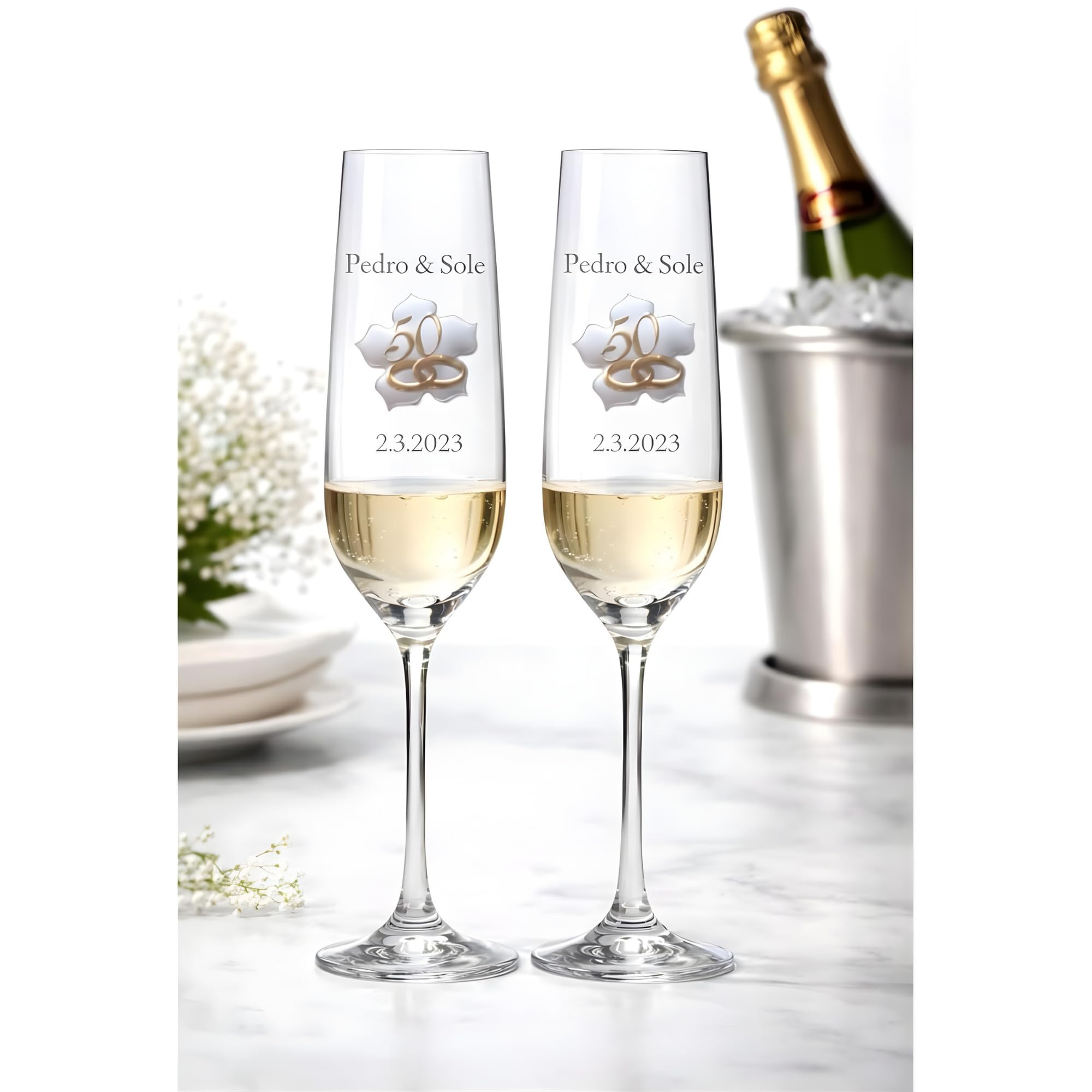 JOYERIA EL FARO Copas de Champán Personalizadas para Bodas de Oro – Juego de 2 Copas con Chapita Dorada en Forma de Hoja – Estuche Premium de Joyería – Regalo 50 Aniversario de Casados