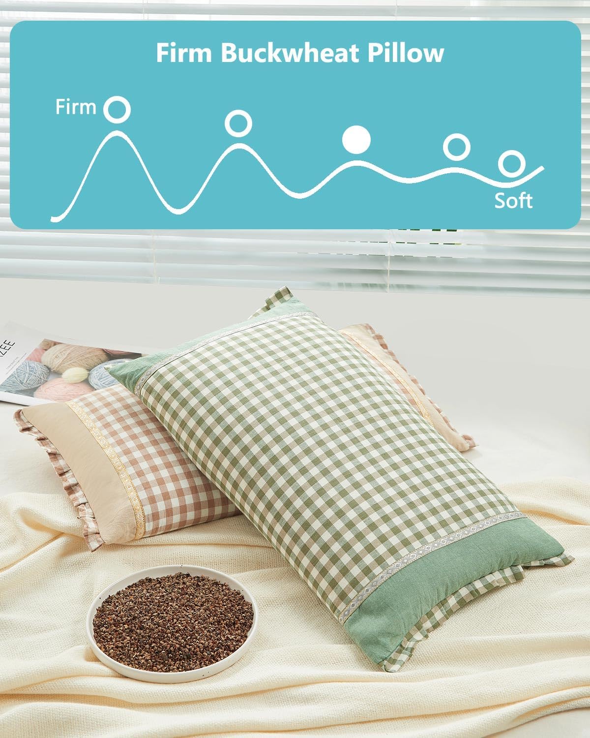 Adjustable Buckwheat Hulls Cervical Neck Pillow – Cooling Rectangular Pillow for Neck Support with Decorative Trim, Washable Plaid Cover (23.6"x13.7", Green)