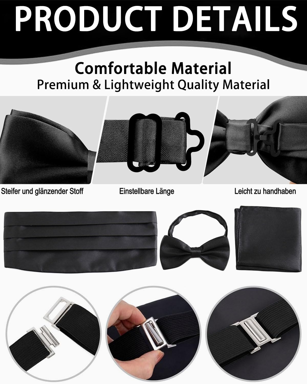 BARRU 3 pcs Set Kummerbund Herren Halloween Verstellbarer Kummerbund für Smoking Frack Anzug Hemd, Mit Fliege und Einstecktuch, schwarz
