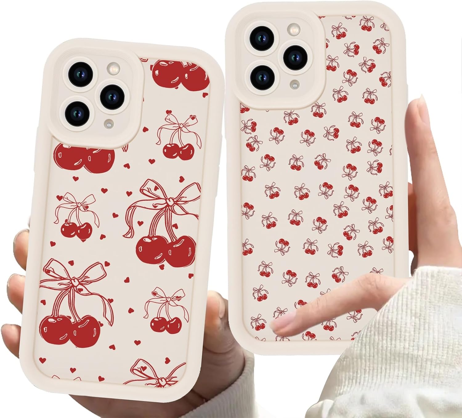 2 Pack Cherry Phone Case for iPhone 11 Pro MAX 6.5",Cute Aesthetic Cases Kawaii Bow Design Print Cover for Girls Women,Beige Soft Anti-Scratch Shockproof Protection Funda for iPhone 11 Pro MAX