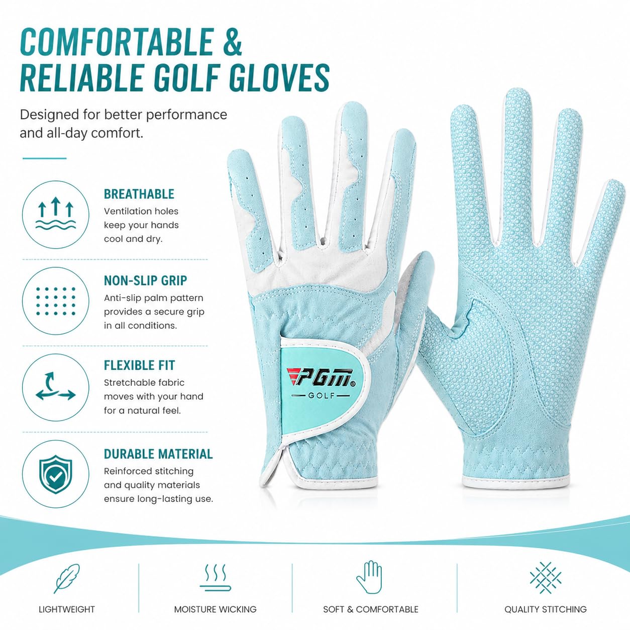 Guantes de golf PGM para mujeres, 1 par (4 opciones de color), sistema de agarre mejorado, fresco y cómodo