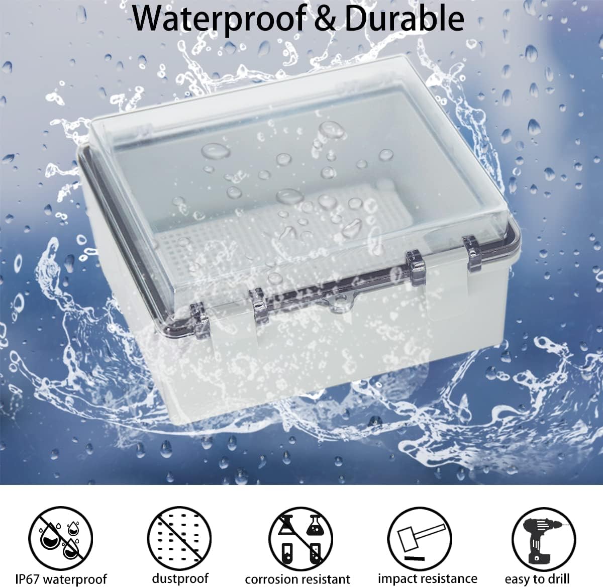 Junction Box, Hinged Clear Cover IP67 Waterproof ABS Project Box with 2 NPT 1/2" Cable Gland, Electrical Box Enclosure with Mounting Plate & Wall Bracket 8.7 x 6.7 x 4.3inch(220x170x110mm)