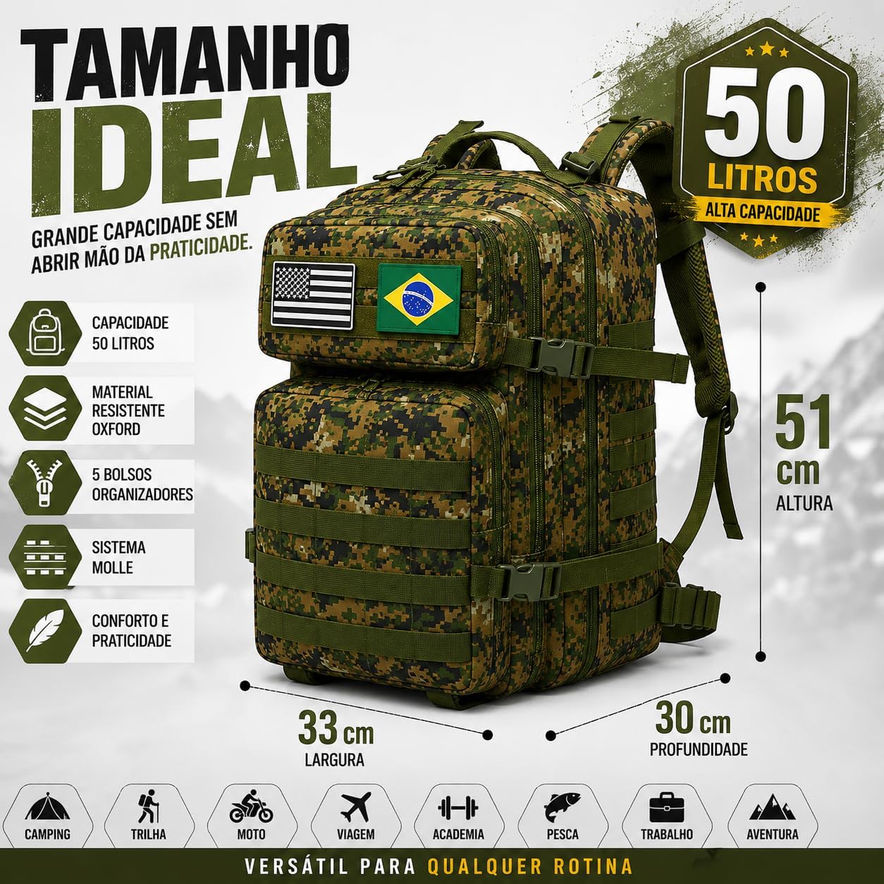 Mochila Tática Militar 50 Litros Impermeável – Grande, Resistente, Para Camping, Trilha e Viagem Mochila Tática Militar 50 Litros Impermeável – Grande, Resistente, Para Camping, Trilha e Viagem