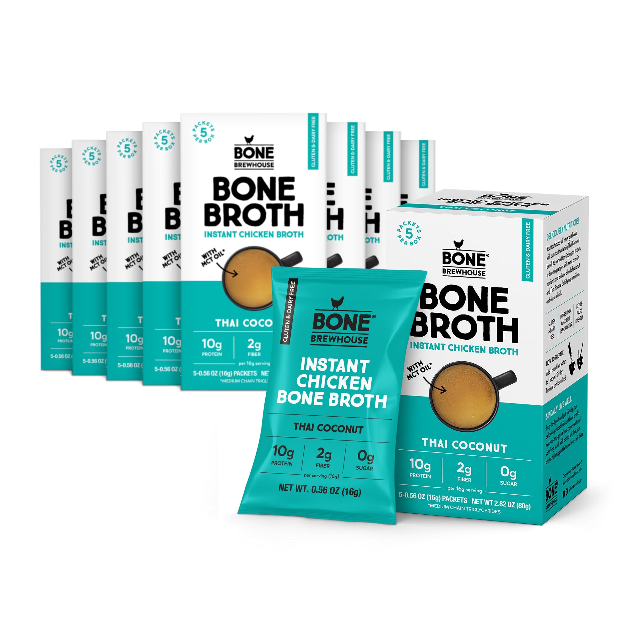 Bone Brewhouse - Chicken Bone Broth Protein Powder - Thai Coconut Flavor - Keto & Paleo Friendly - Instant Soup Broth - 10g Protein - Natural Collagen & Gluten-Free - Pack of 9-45 Servings