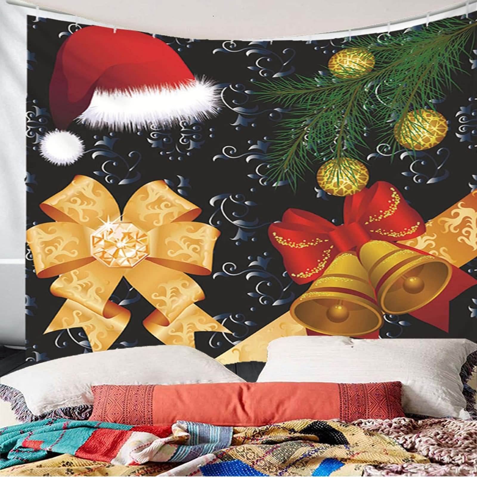Wandtuch Quer, Wandbehang Aesthetic Weihnachtsmütze und Klapperschlange Gold Rot Schwarz Polyester 210X140cm