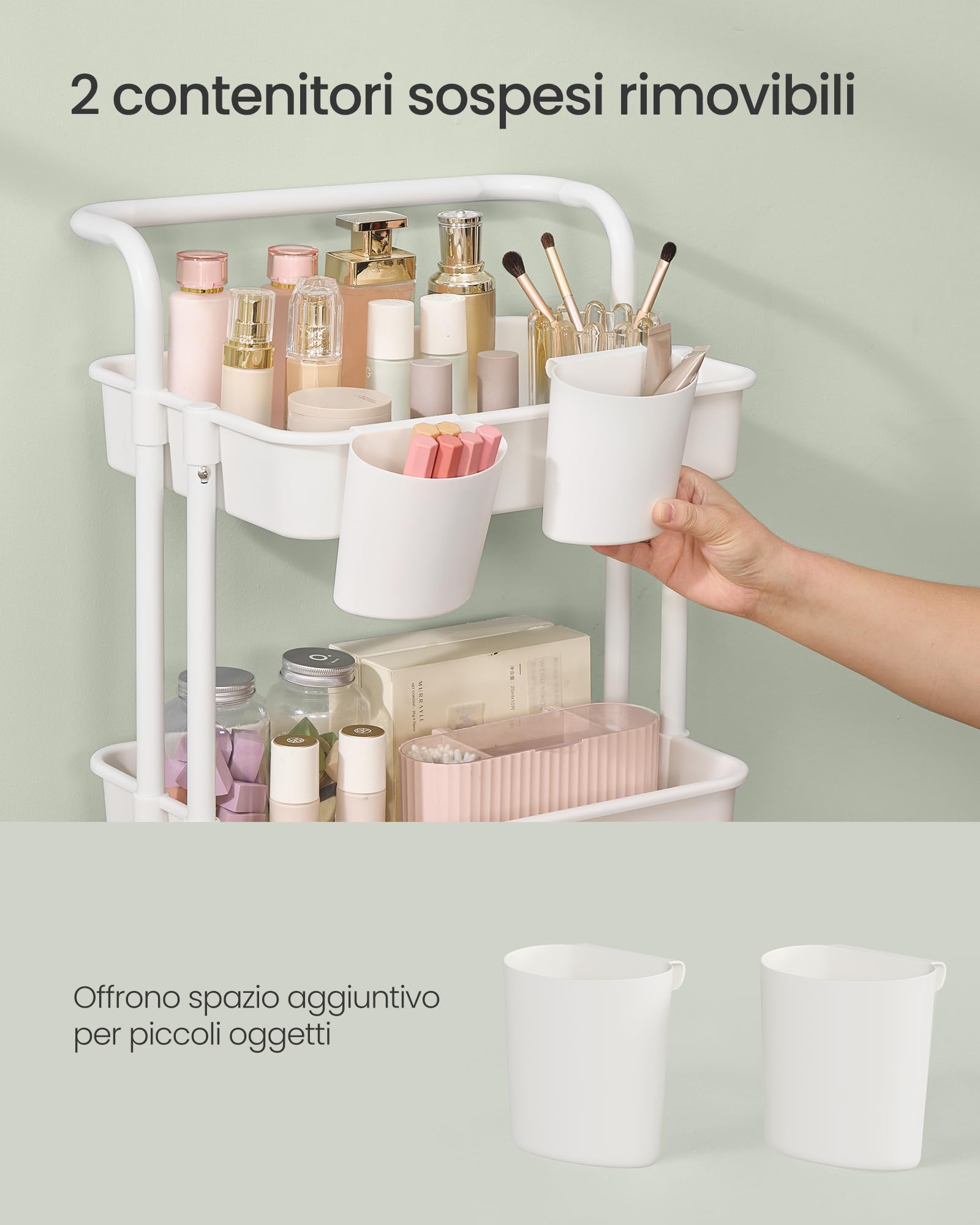 SONGMICS Carrello Scorrevole, Trolley a 4 Livelli, Carrello di Servizio con Manico e 2 Piccoli Organizzatori, Struttura in Acciaio, per Bagno Lavanderia, Bianco BSC077WZ01