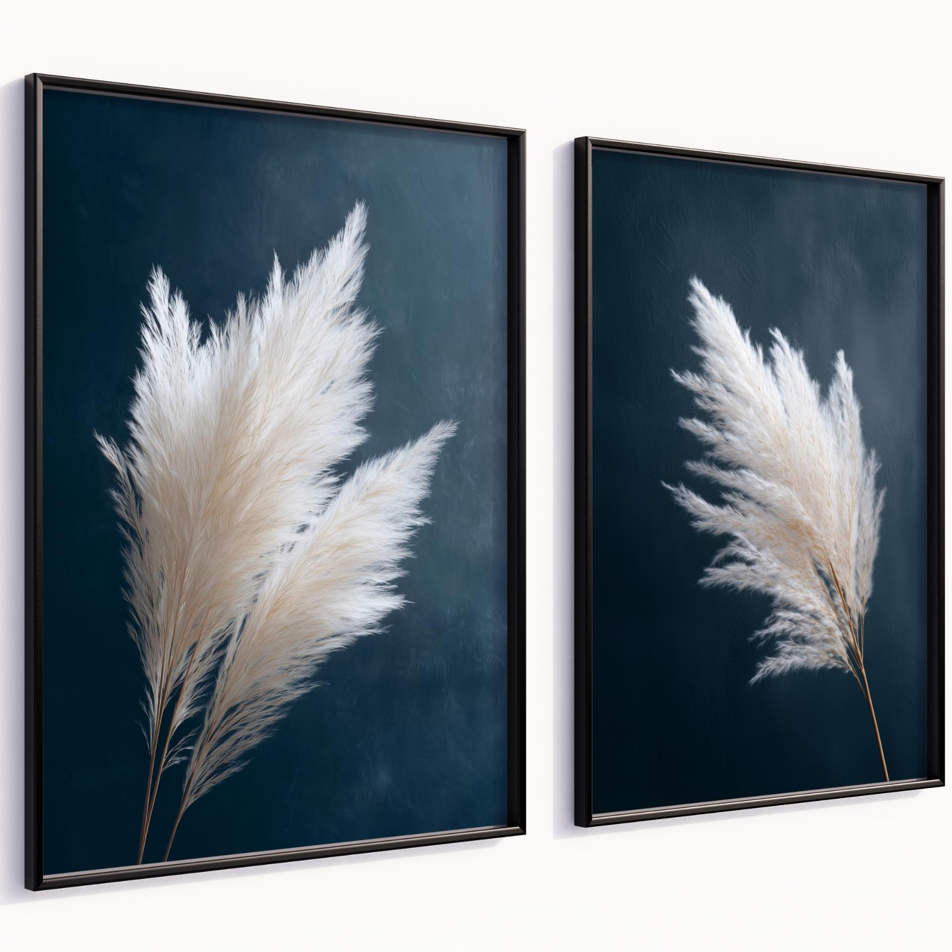 MJ-GRAPHICS® Poster Set Dunkelblau Pampasgras 2x A2 cm mit Rahmen Boho Wandbilder Kunstdrucke modern Bilder Set Wohnzimmer Schlafzimmer Deko Beige Blau Pflanzen