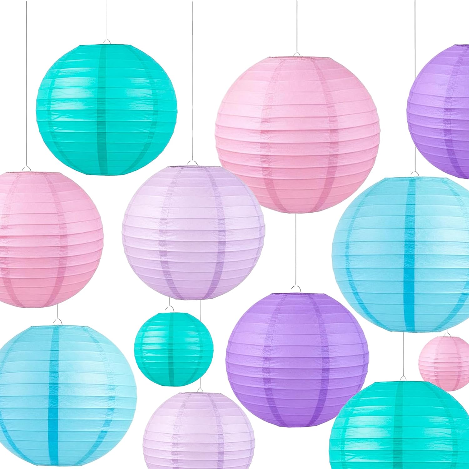 Pastel Paper Lanterns Set (12 Pcs) - 6/8/10 Inch Nilan, Pink, Purple, Lavender & Blue Round Hanging Paper Lanterns for Party Decor, Baby Showers, Weddings & Bedroom Accents