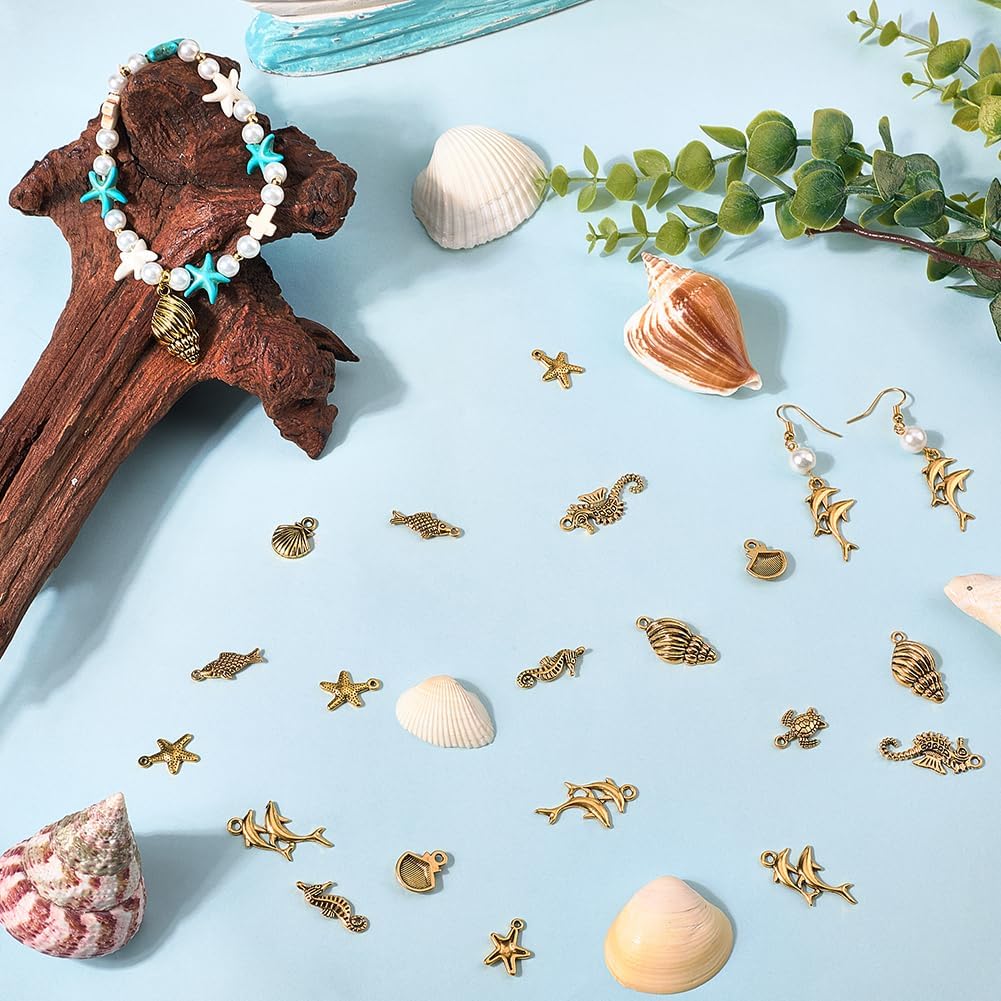 SUNNYCLUE 1 Box 64Pcs 8 Styles Gold Sea Animal Charms Metal Shell Charm Tibetan Alloy Vintage Summer Ocean Animals Turtle Dolphin Dangle Pendants for Jewelry Making Supplies DIY Crafts Necklace - Image 3