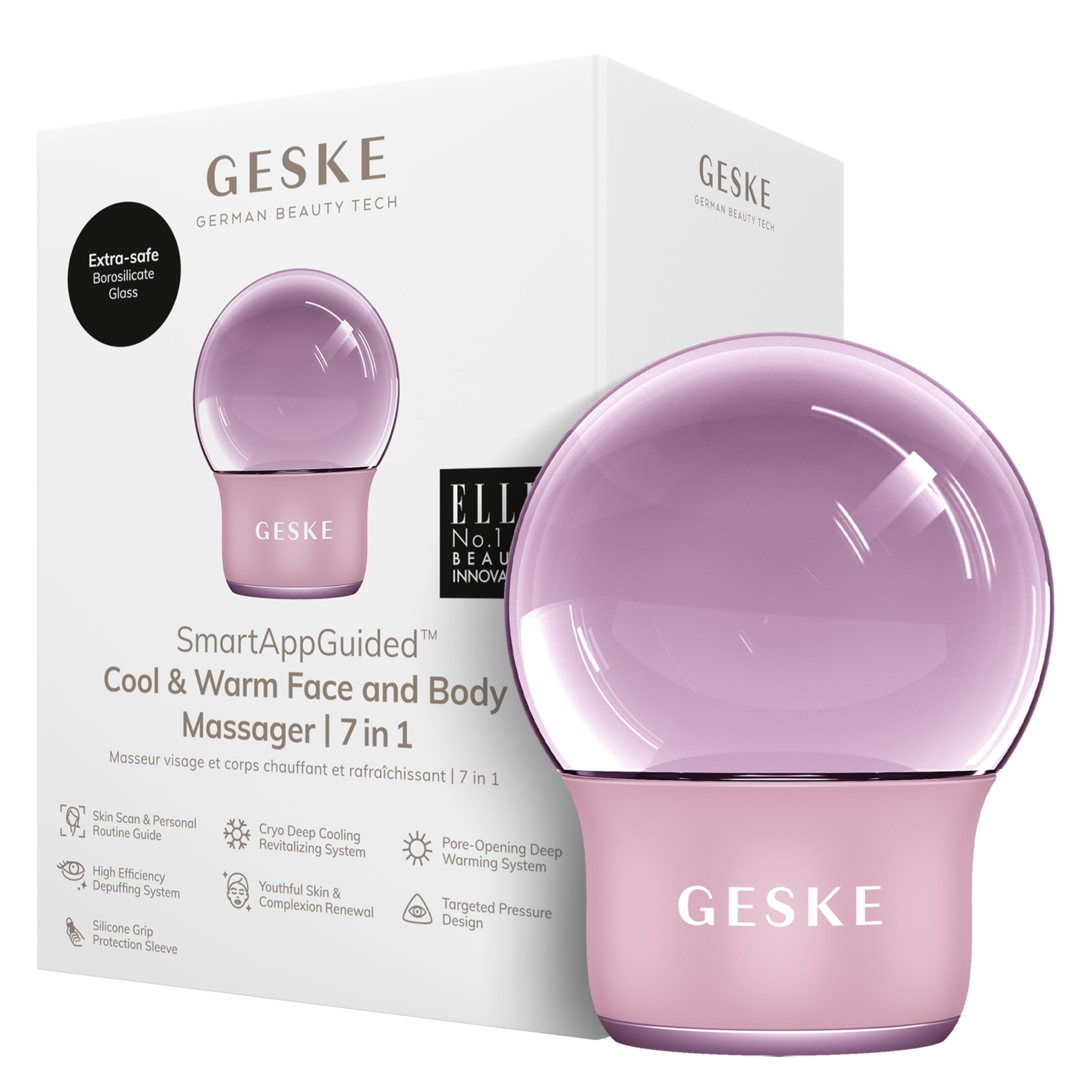 GESKESmartAppGuided™ Cool & Warm Face & Body Massager | 7 in 1 | Multifunctional Massager | Face & Body | Battery-free Cooling & Warming | Firms, Relaxes & De-Puffs Skin | Globular Design