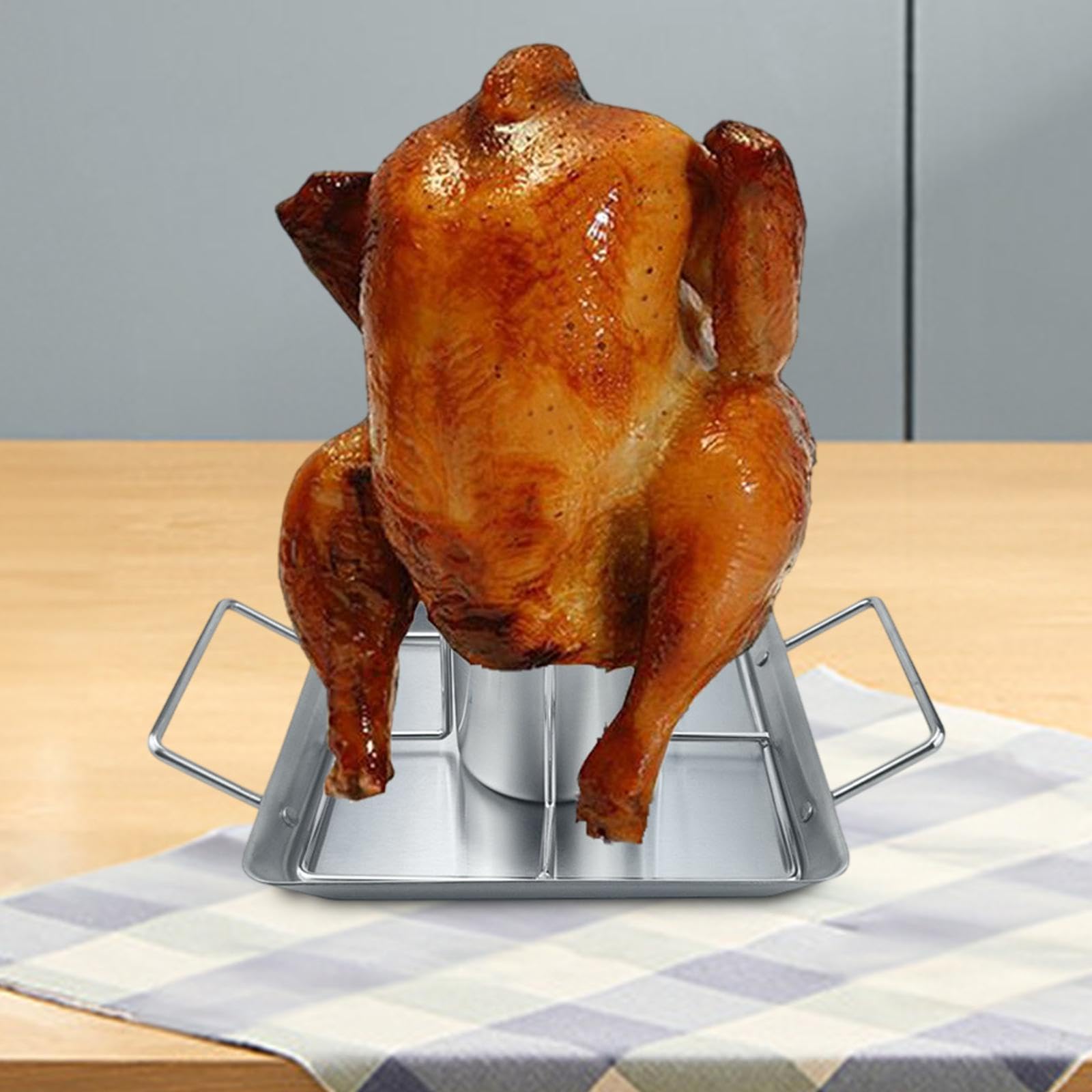 Soporte para Asador de Pollo de Cerveza, Bandeja Recogegrasa, Parrilla de Acero Inoxidable para Barbacoa