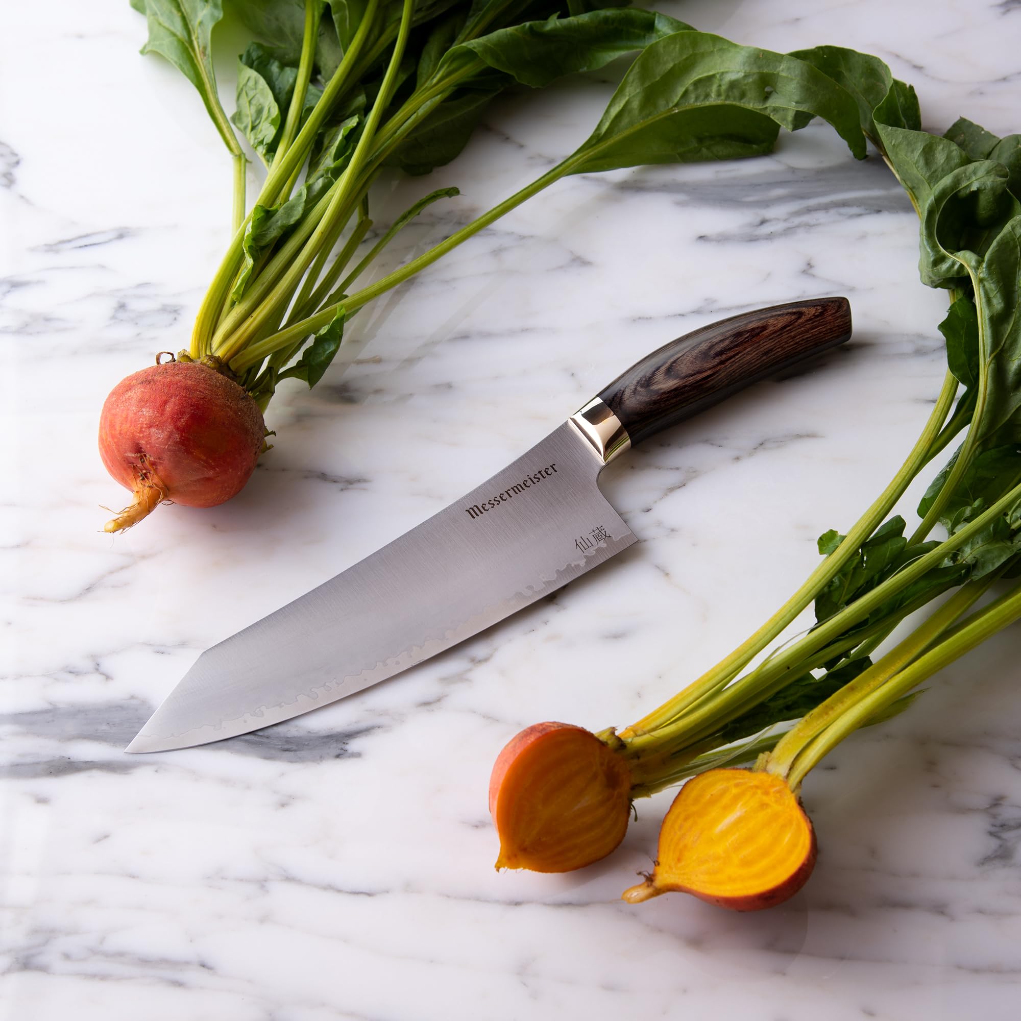 Messermeister Kawashima 8” Chef’s Knife - SG2 Powdered Steel, Eco-Brass Bolster & Walnut Pakkawood Handle - Made in Seki, Japan — Amazon image 6