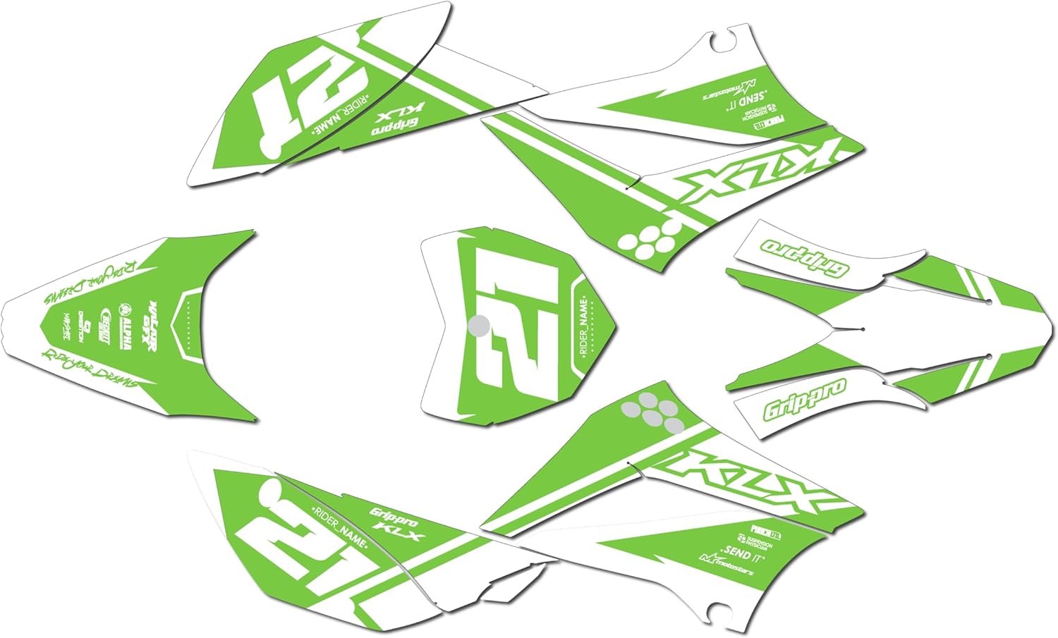 Graphics Kit for Kawasaki KLX110, KLX110R/RL (2010-2024) ENIGMA Series Green 09 Mil - Dirt bike Custom Racing Graphics Decals Stickers Kit, no-plastics