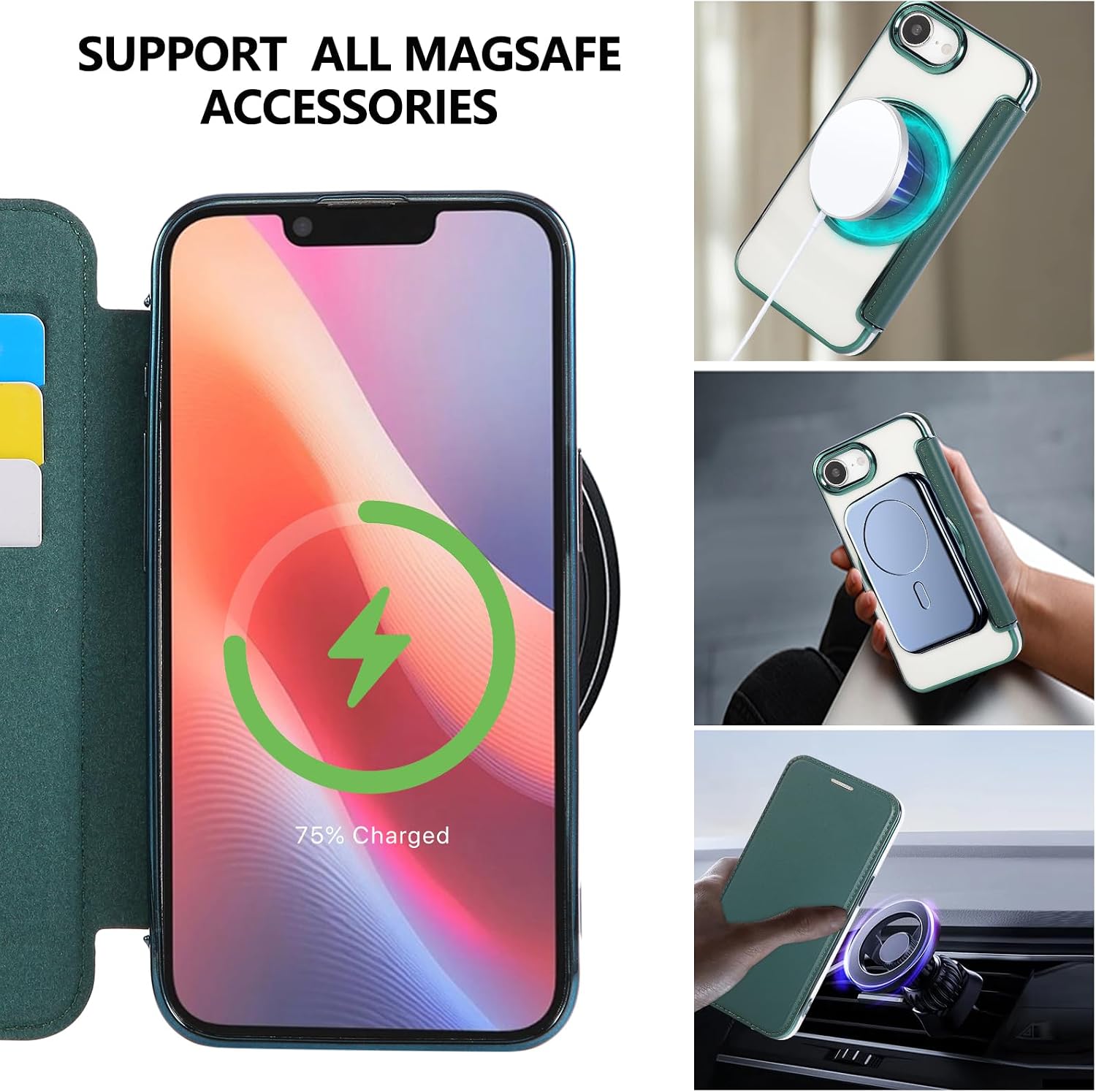 Wallet Case for iPhone 16e with 3 Card Slots, RFID Blocking,360° Rotating Ring Stand & Magnetic Compatibility, Shockproof Clear Back Cover, Supports Wireless Charging(Blackish Green)
