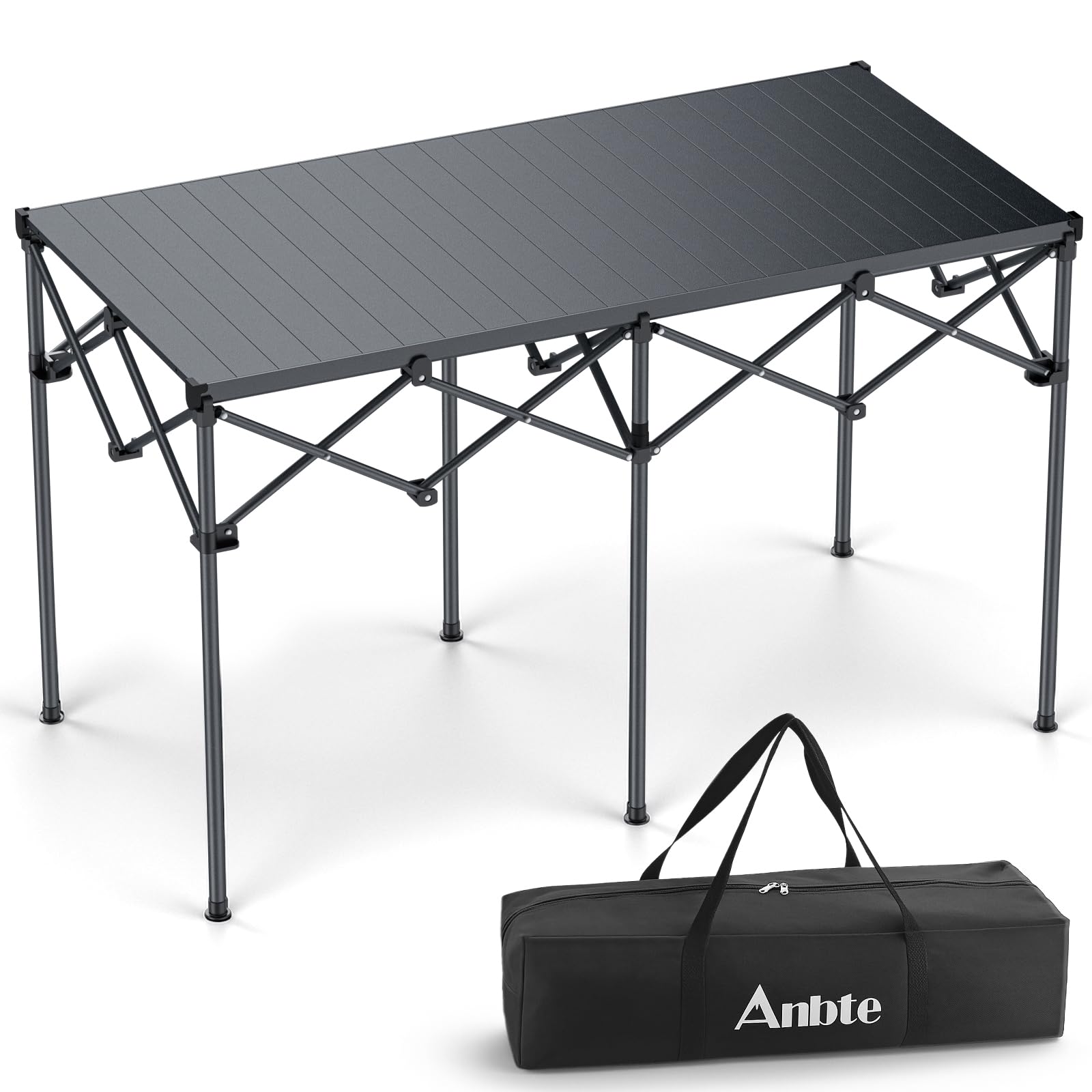 Anbte Campingtisch Klappbar bis 120kg Übergröße 122x60x74cm(LxBxH) Alu Rolltisch für 6 bis 8 Personen X-Frame Design Klapptisch mit Tragetasche für Outdoor Balkon Garten Strand Picknick (Schwarz)