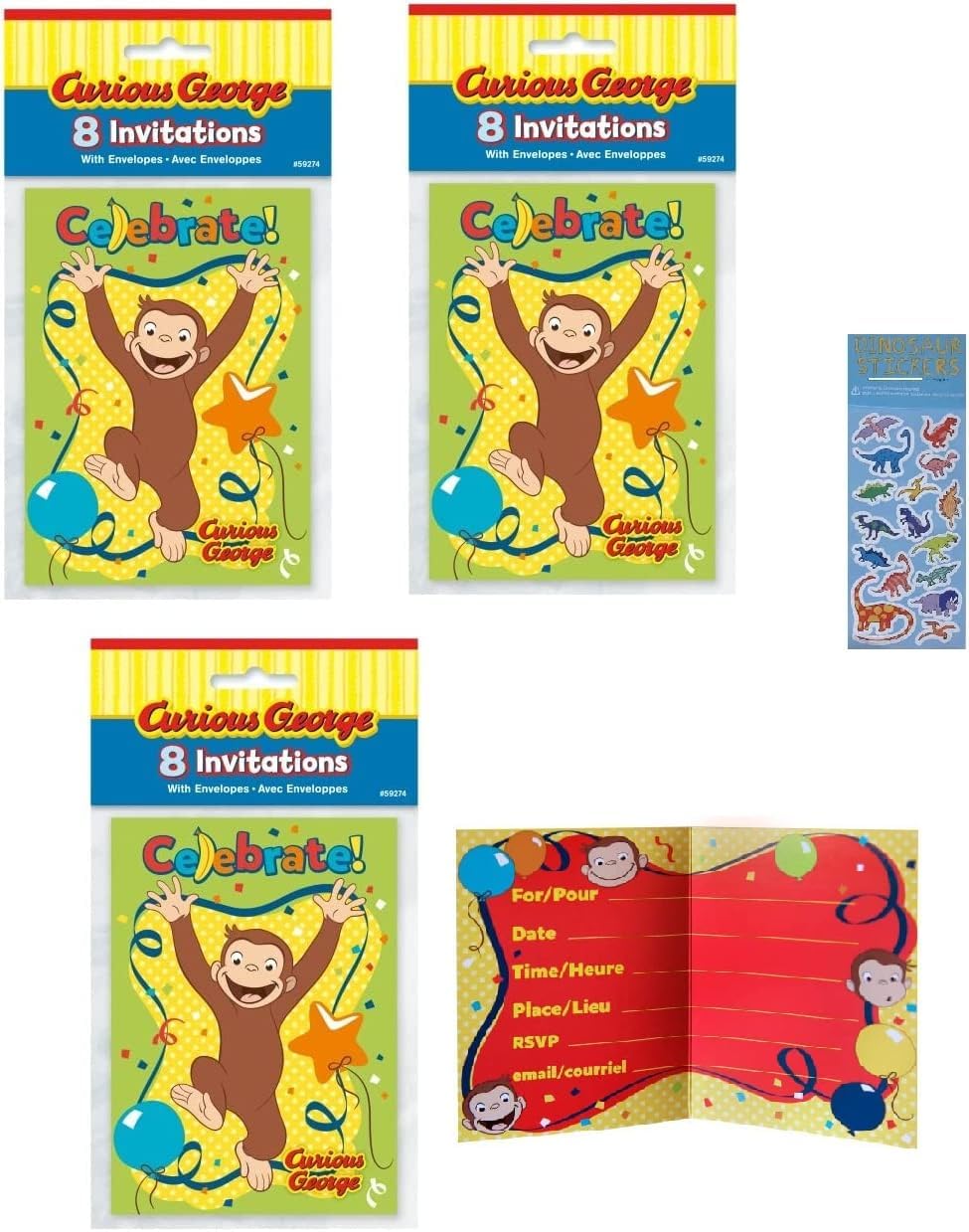 Unique Curious George Birthday Party Supplies Bundle Pack includes 24 Party Invitations with Envelopes