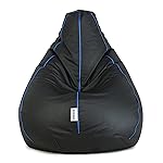 Amazon Brand Solimo Premium Faux Leather Bean Bag, Filled with Beans | Capacity: Upto 6 Ft 3 in Height, 120 KG Weight | 3XL | Black with Royal Blue Piping