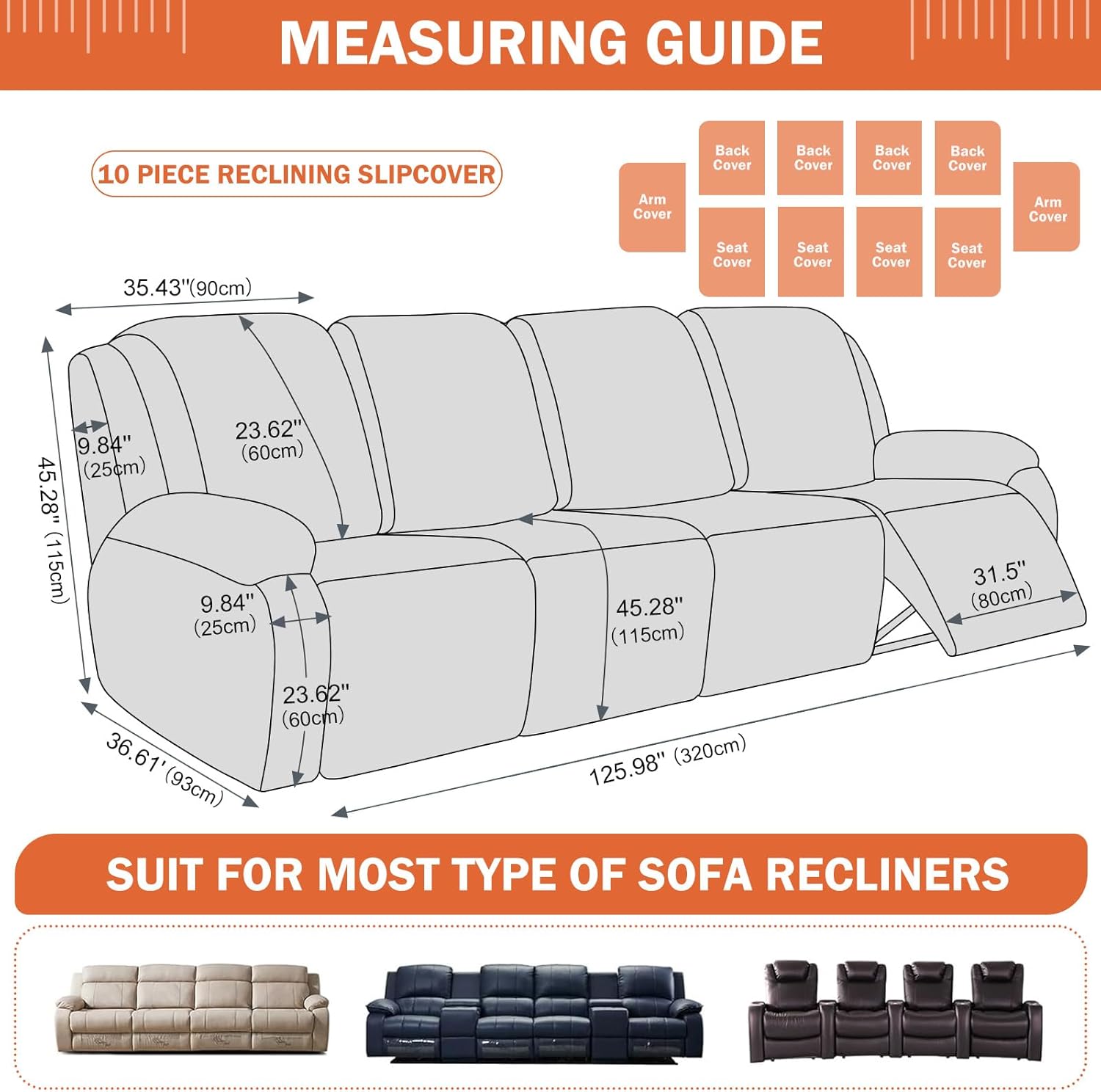 vctops 10 Pieces Stretch Recliner Sofa Cover Soft Jacquard Reclining Couch Cover with Pockets Plush Anti-Slip 4 Cushion Furniture Slipcovers with Elastic Bottom for Pet Kid (Orange,4 Seater)