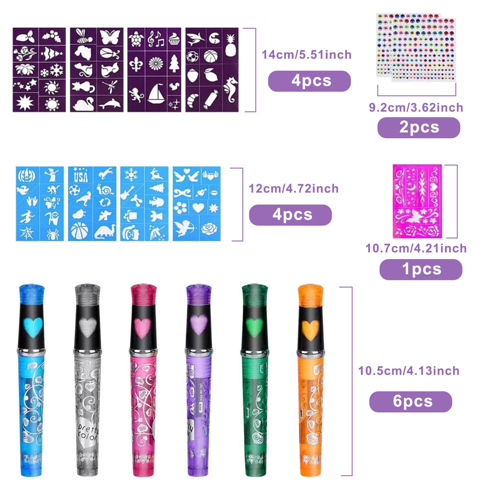 Lápices De Tatuajes Para Niños, Juego De Tatuajes Con Purpurina 6 Rotuladores De Tatuajes Con Purpurina Y 8 Recambios, 4 Plantillas, 4 Adhesivos Luminosos Para Tatuajes, 55 Pedrería, Fiestas