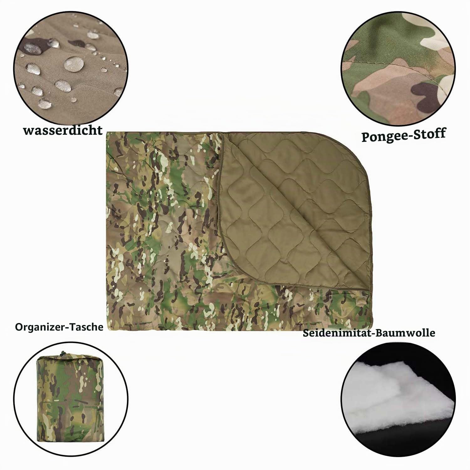 Poncho Liner, Campingdecke Outdoor 150X200cm, wasserdichte Picknickdecken Camouflage, Jagd Decke Winter für kaltes Wetter, Picknick, Strand, Garten, Shelter-CP