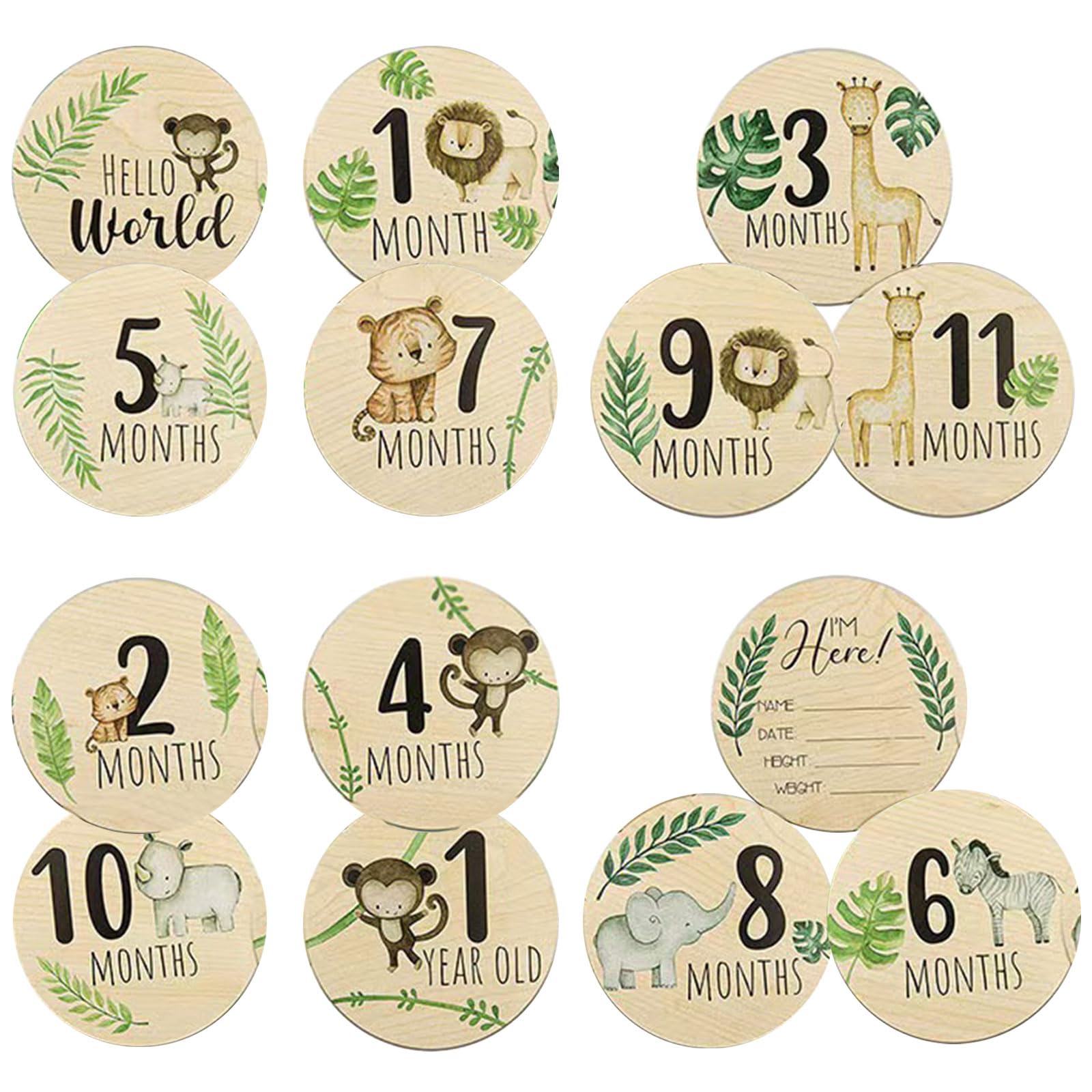 Baby Monthly Milestone Cards Sign Double Sided Wooden Circles Discs Birth Announcement Sign Animals Marker Photography Prop Gift Sets