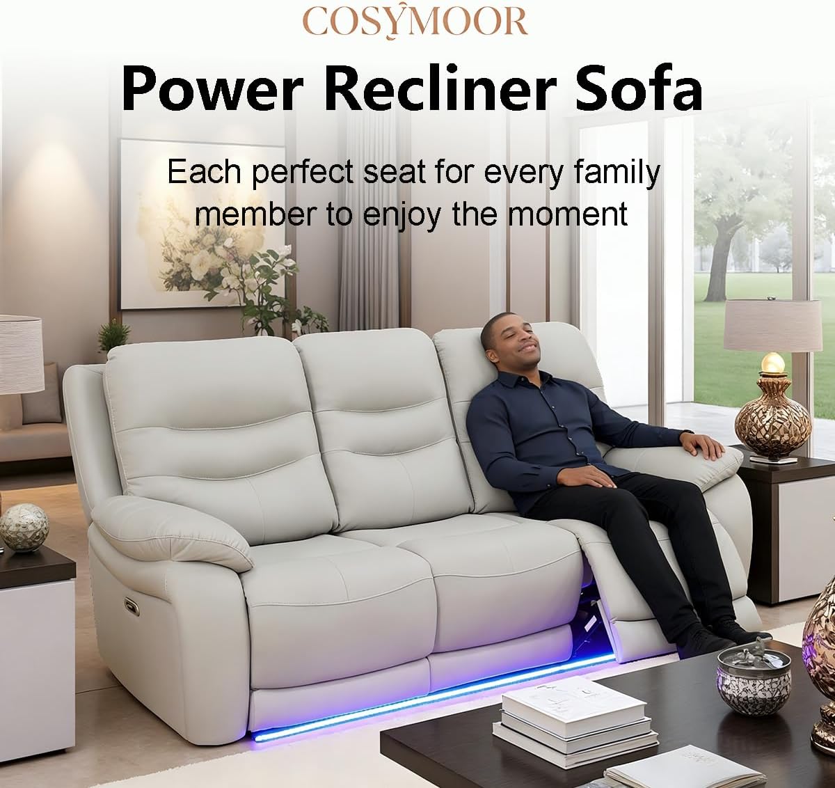 Power Recliner Sofa Set with LED Lights,Leather Reclining Sofa with Double Recliner/USB Port,Living Room Furniture Set for House/Home Theater, Grey