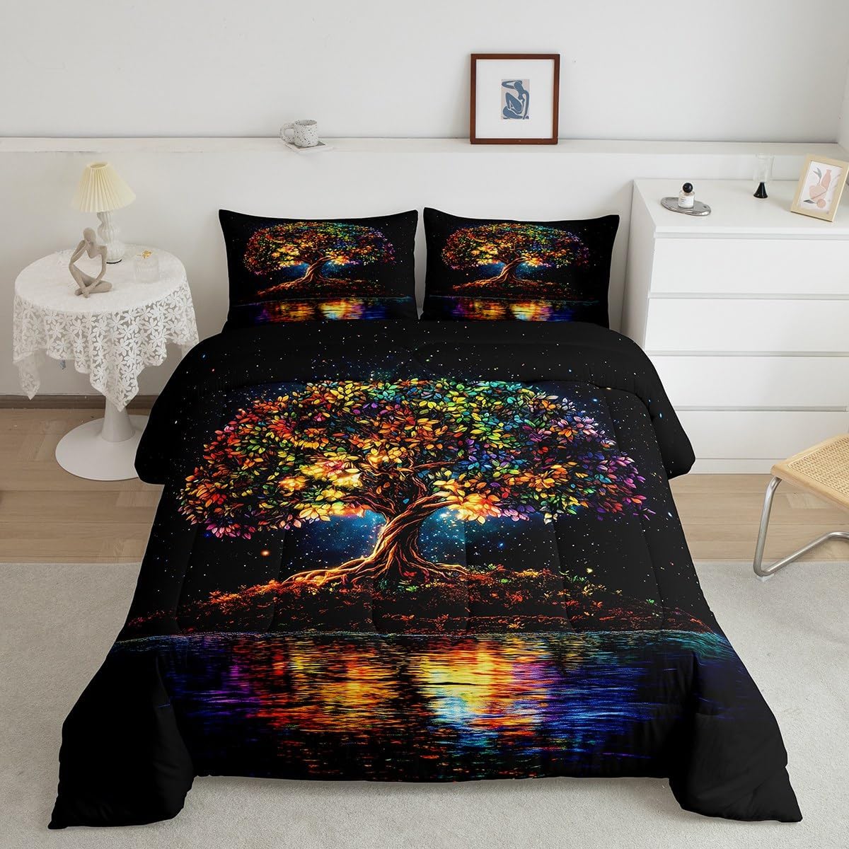 Tree of Life Kids Bedding Comforter Set Toddler Size,Starry Galaxy Universe Bedding Sets All Season,Colorful Natural Tree Bedroom Quilt Set,Vintage Farmhouse Style Duvet Insert,1 Pillowcase