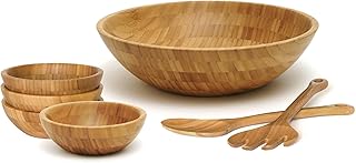 Lipper International Bamboo Wood Salad Bowls with Server Utensils, 7-Pie...