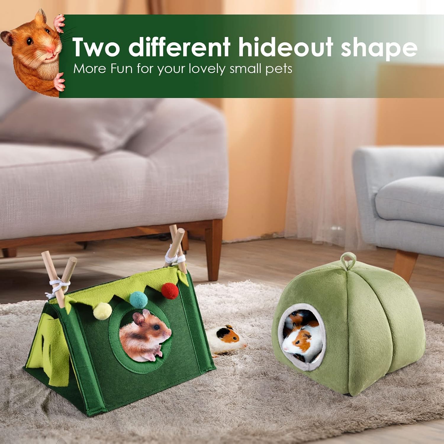 Guinea Pig Hideout 2 Pack Tunnel House Bed for Bunny Hamsters Chinchilla Hedgehog Small Animal Accessories -Playing Sleeping Hunting Resting Warm Plush Nest Habitats