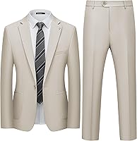 WULFUL Men's Slim Fit 2-Piece Suit Set: One-Button Blazer Jacket & Pants - Stretchy Polyester-Spandex for Weddings & Business