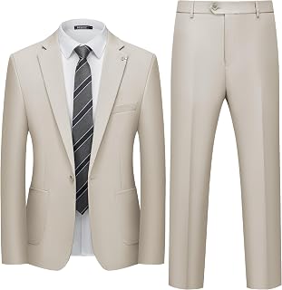 WULFUL Men's Slim Fit 2-Piece Suit Set: One-Button Blazer Jacket & Pants - Stretchy Polyester-Spandex for Weddings & Business
