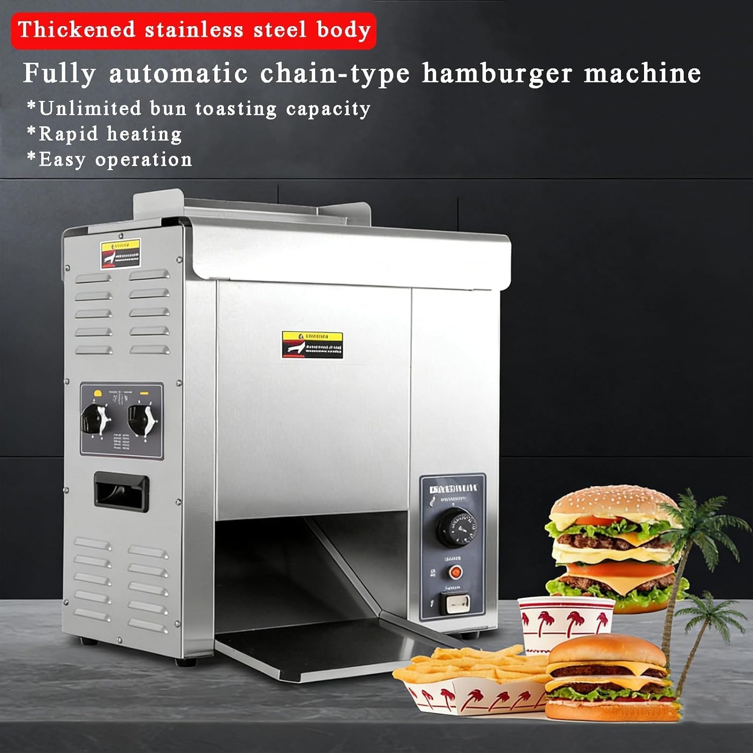 Commercial Fully Automatic Burger Grill with Temperature Control (50-300°c), Adjustable Thickness, 2000w Heating Power for Restaurants and Hotels