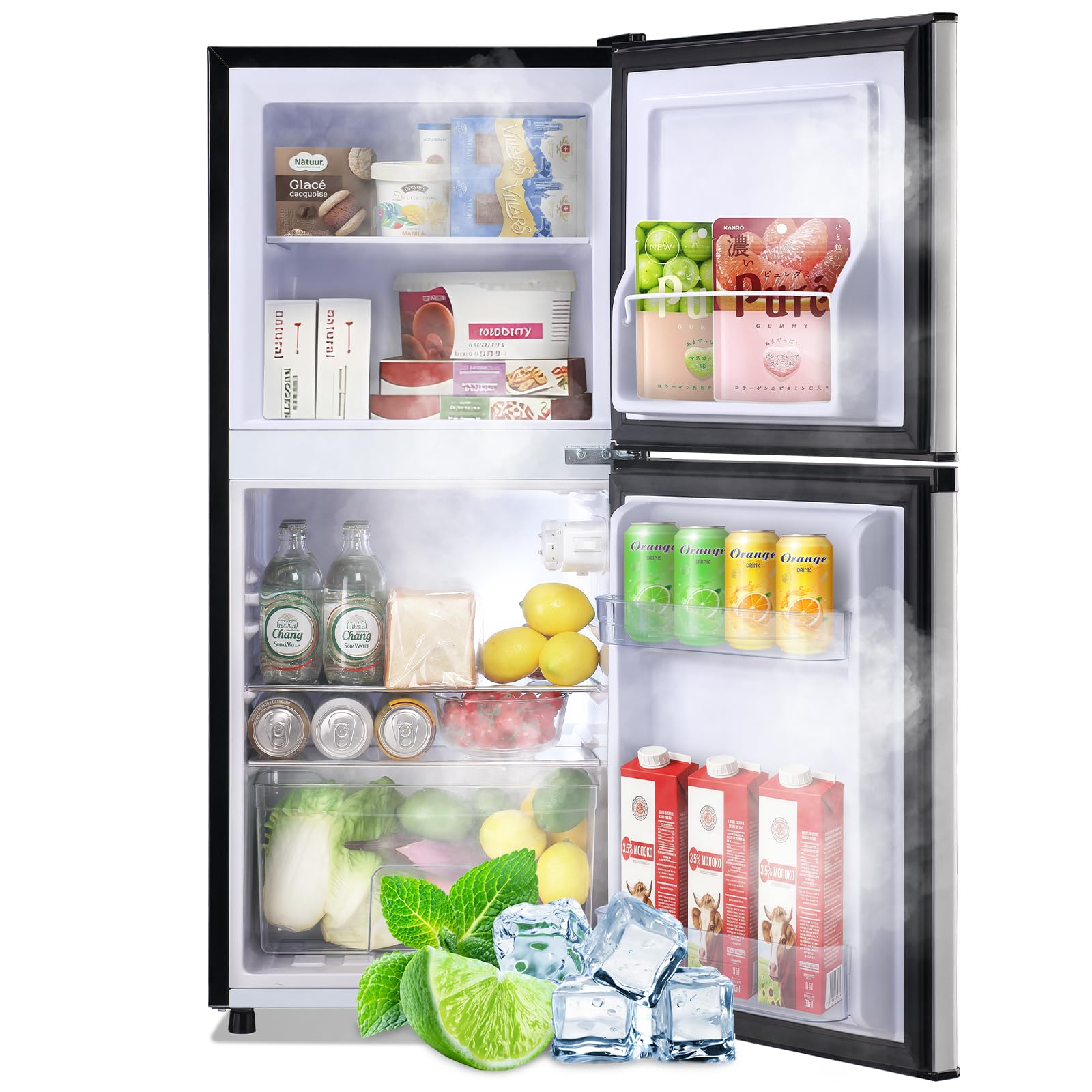 DEMULLER 3.88 CU.FT Capacity Refrigerator with Freezer Double Door Mini Fridge Small Refrigerator with 7 Adjustable Temp Control & 3 Glass Shelves for Kitchen Office Dorm Silver