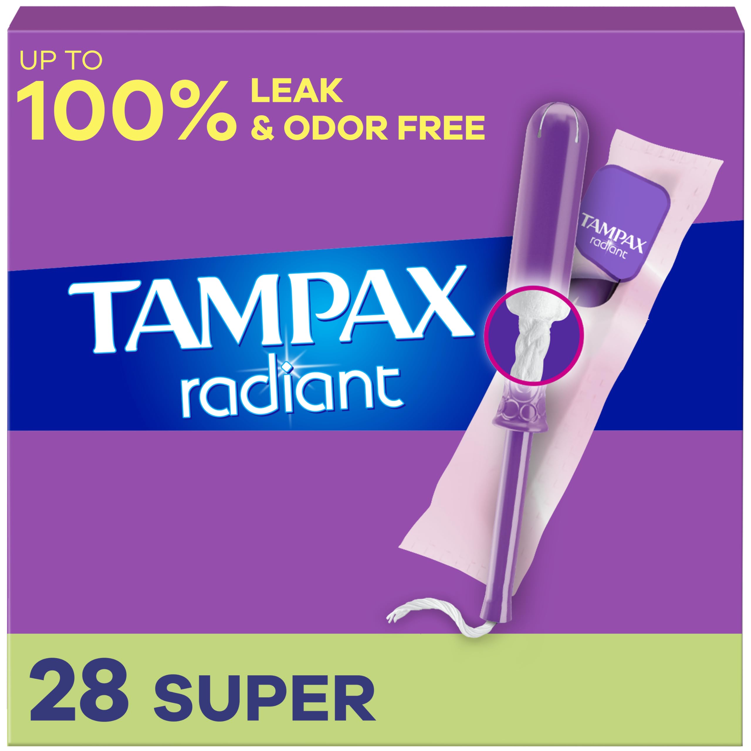 Tampax Radiant Tampons, Super Absorbency, With Leakguard Braid, Unscented, 28 Count