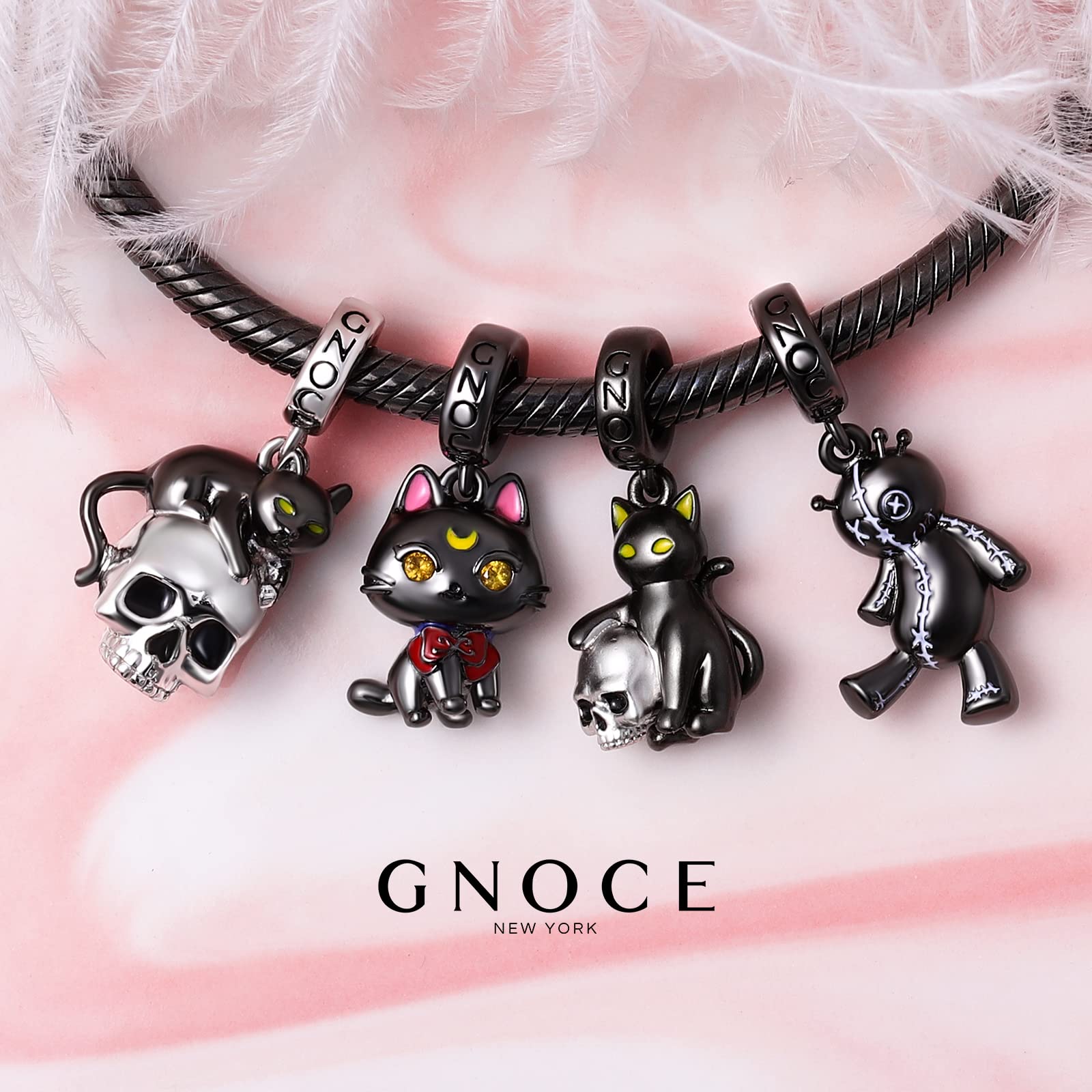 GNOCE Sweet Black Cat Charms 925 Sterling Silver Nero Placcato Ciondolo Ciondola Perline per Braccialetto di Fascino/Collana Gioielli Regalo Per Le Donne Ragazze Figlia